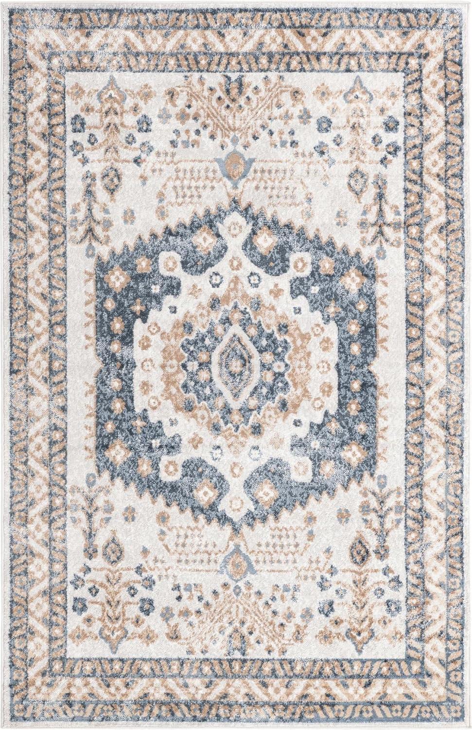 Cream and Navy Blue Floral Rectangular Synthetic Area Rug