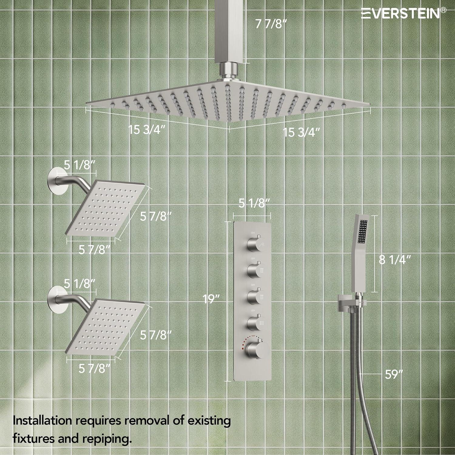 15-Spray Patterns 16" & 6" Triple Shower Heads, Shower FaucetSystem with Thermostatic Rough-in Valve