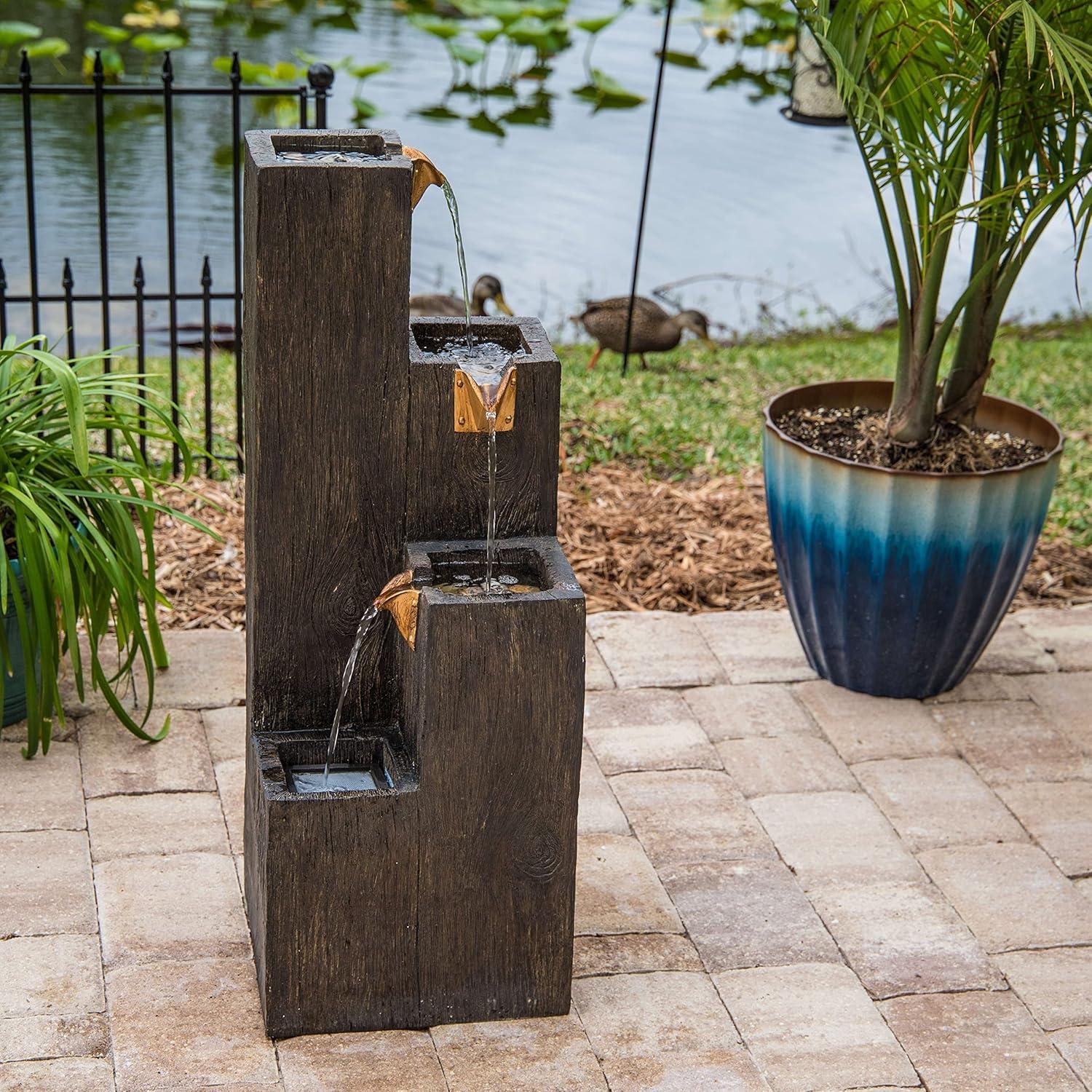 Lincoln Dark Wood Grain Resin Floor Fountain with Copper Spouts