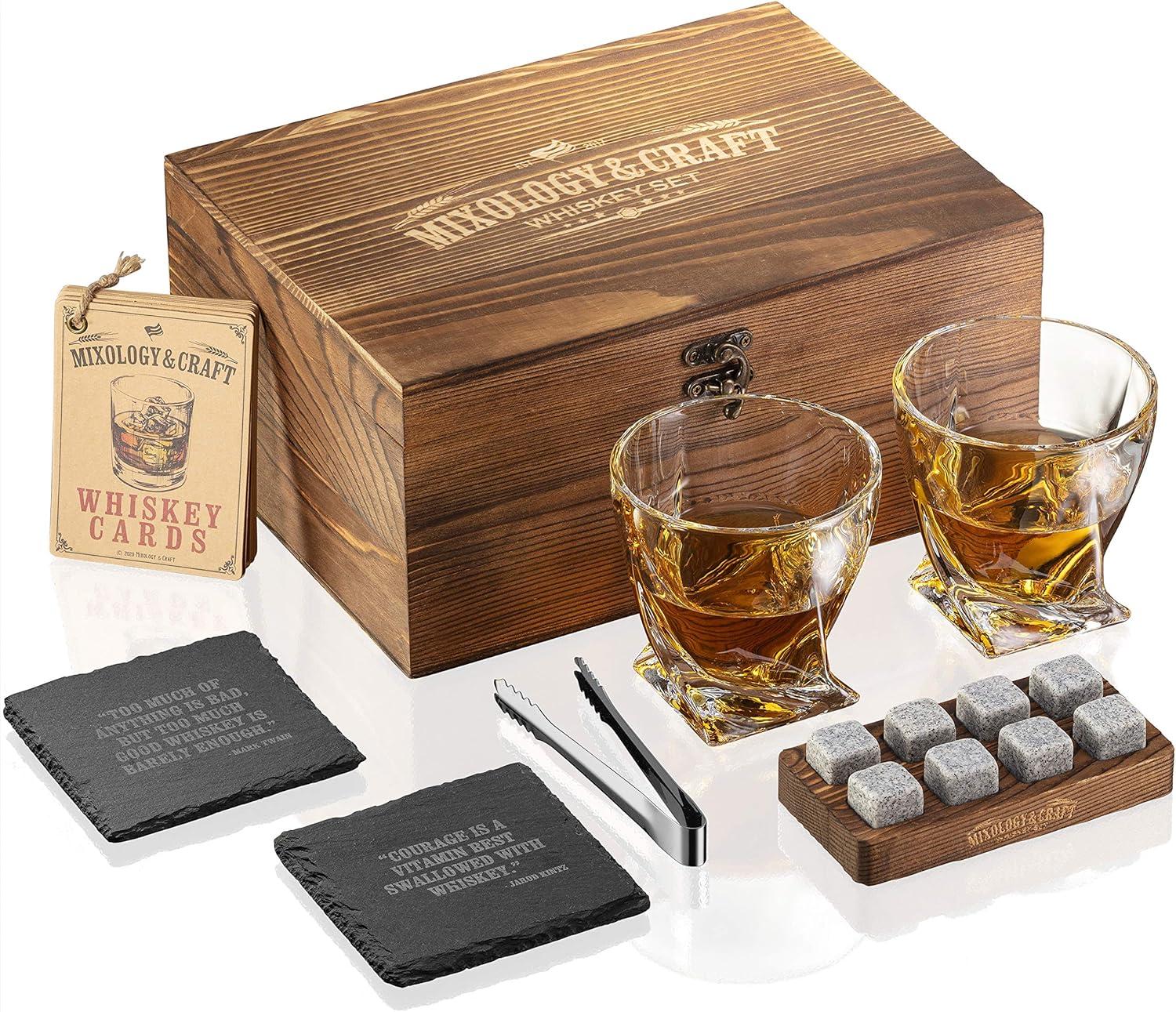 Rustic Wooden Whiskey Gift Set with Granite Stones and Crystal Glasses