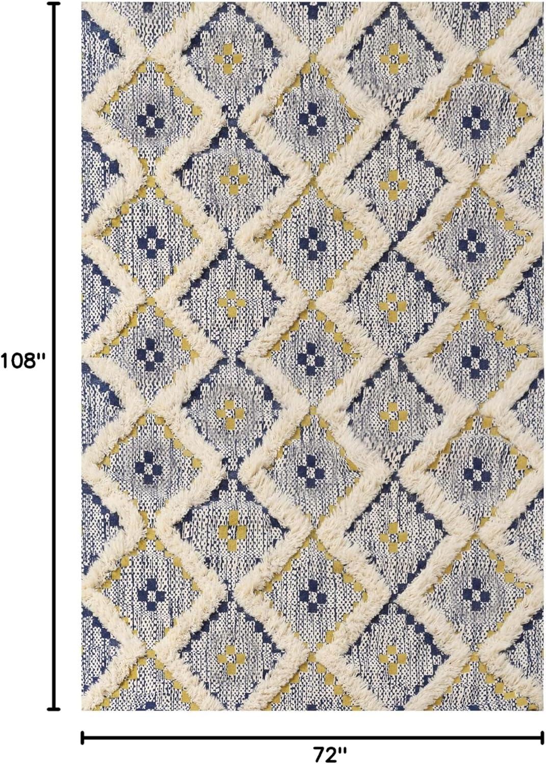 Superior Evren Hand-Tufted Cotton/Wool Textured Geometric Gold/Navy Blue Farmhouse Area Rug, 6' x 9'