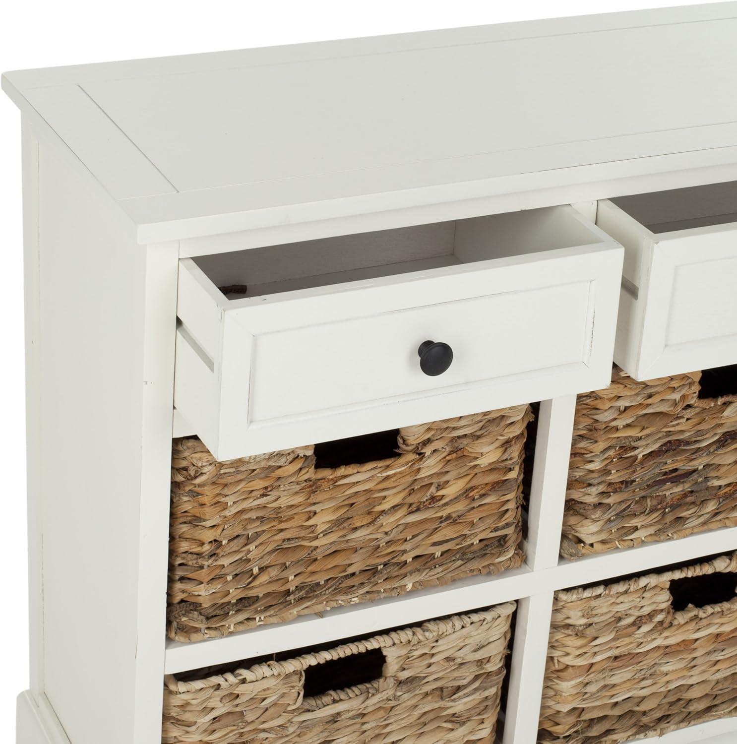 Distressed Cream Pine 6-Drawer Storage Unit with Wicker Baskets