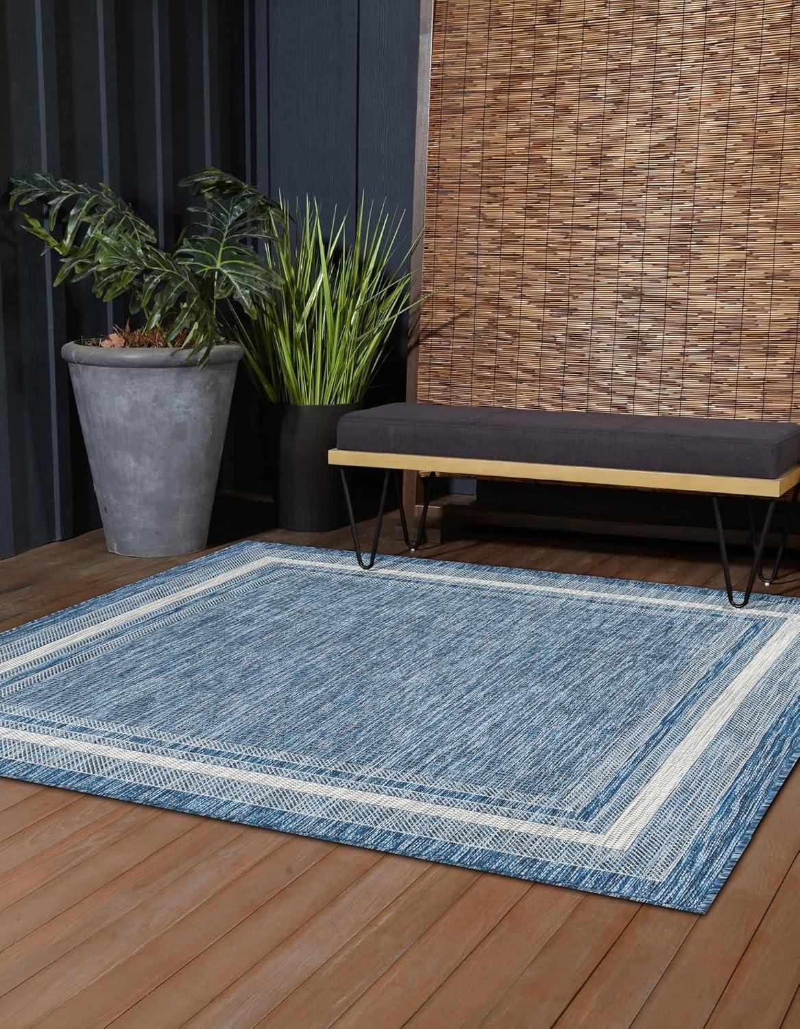 Blue and Ivory Square Outdoor Synthetic Rug