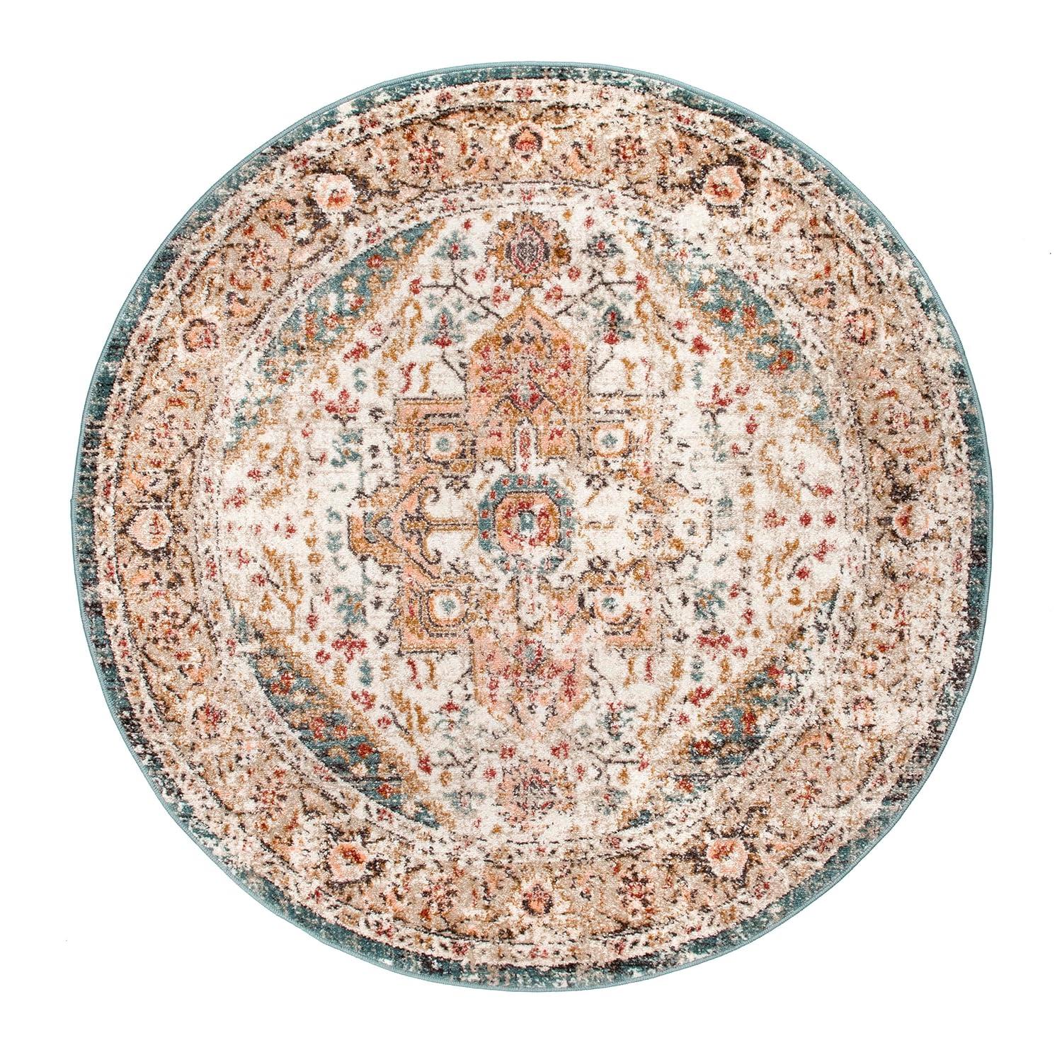 Nuloom 5 Round Justine Vintage Medallion Indoor Area Rug, Beige, Faded Persian Design, Stain Resistant, BedroomLiving Room, Kitchen,