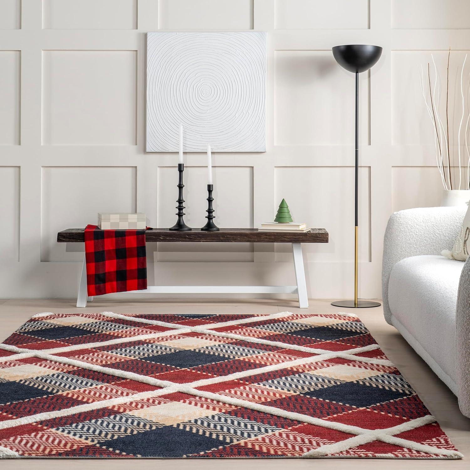 Nuloom Anastasia Plaid 9x12 Wool Indoor Area Rug for Living Room Bedroom Dining Room Kitchen, Red/Dark Blue