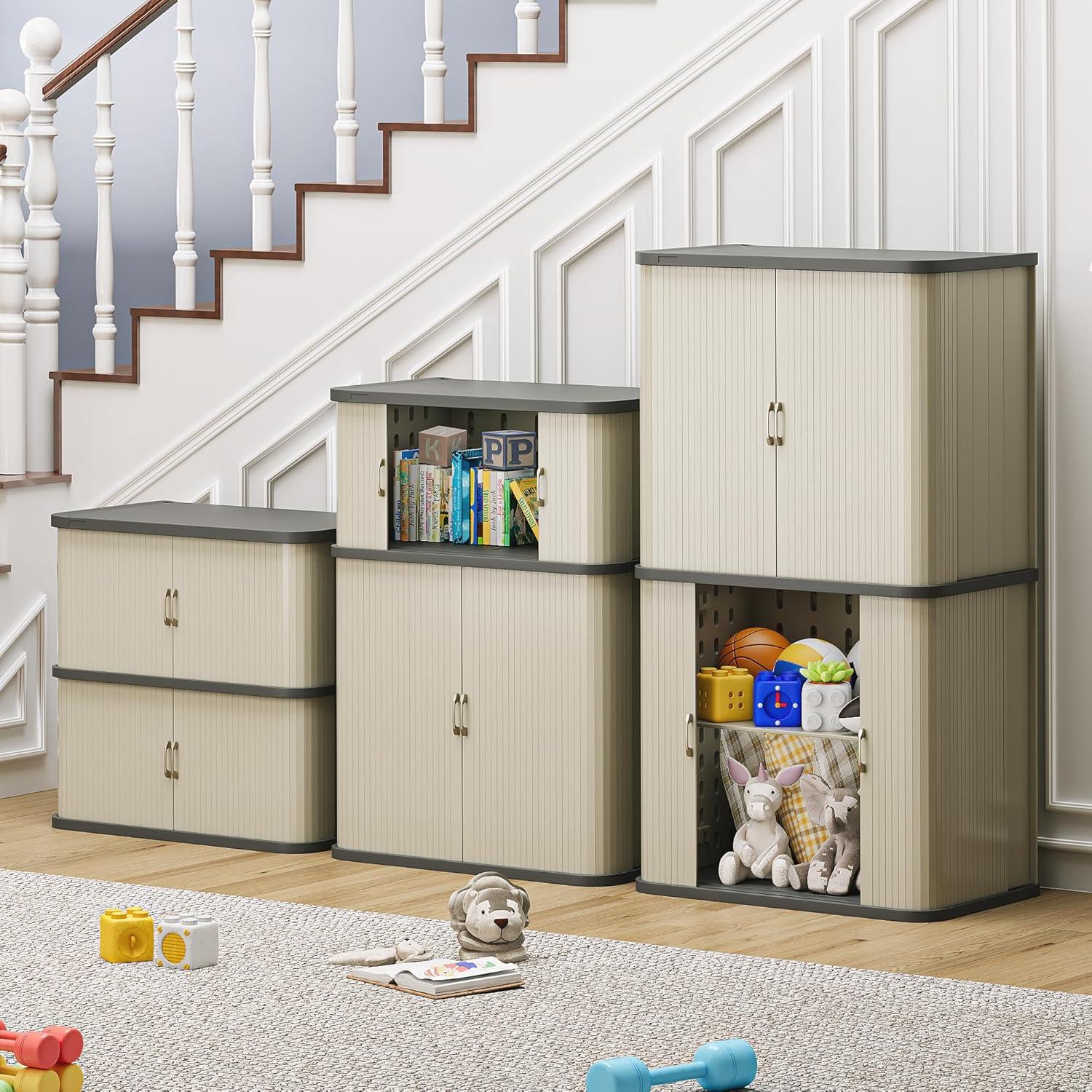 Dextrus 37 Gallon Medium Resin Cabinet, Outdoor Stackable Storage Cabinet with Double Sliding Doors for Indoor Outdoor Garage Lawn Care, Waterproof and Stylish Storage Solution - Light Gray