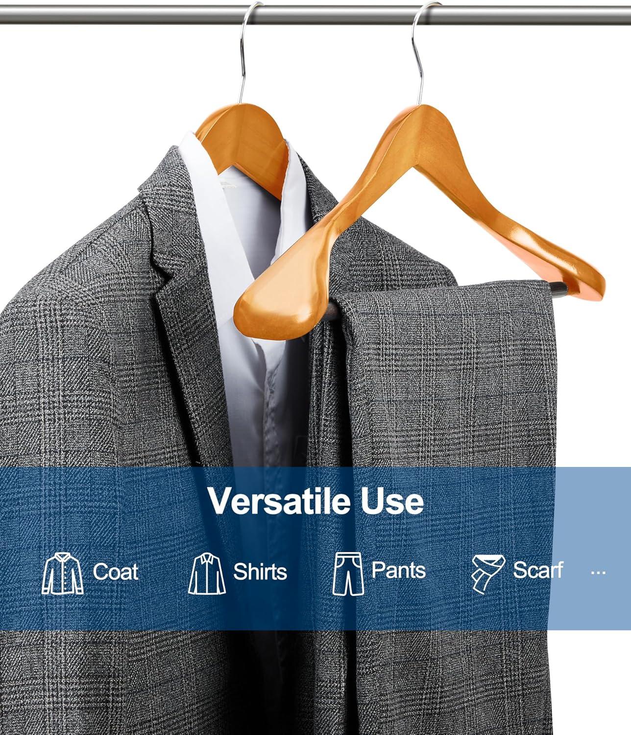 TOPIA HANGER Wide Shoulder Wooden Hangers, Suit Hangers with Non Slip Pants Bar & 360° Swivel Hook, Solid Wood Heavy Duty Coat Hanger, 6 Pack (Natural)-CT02NA