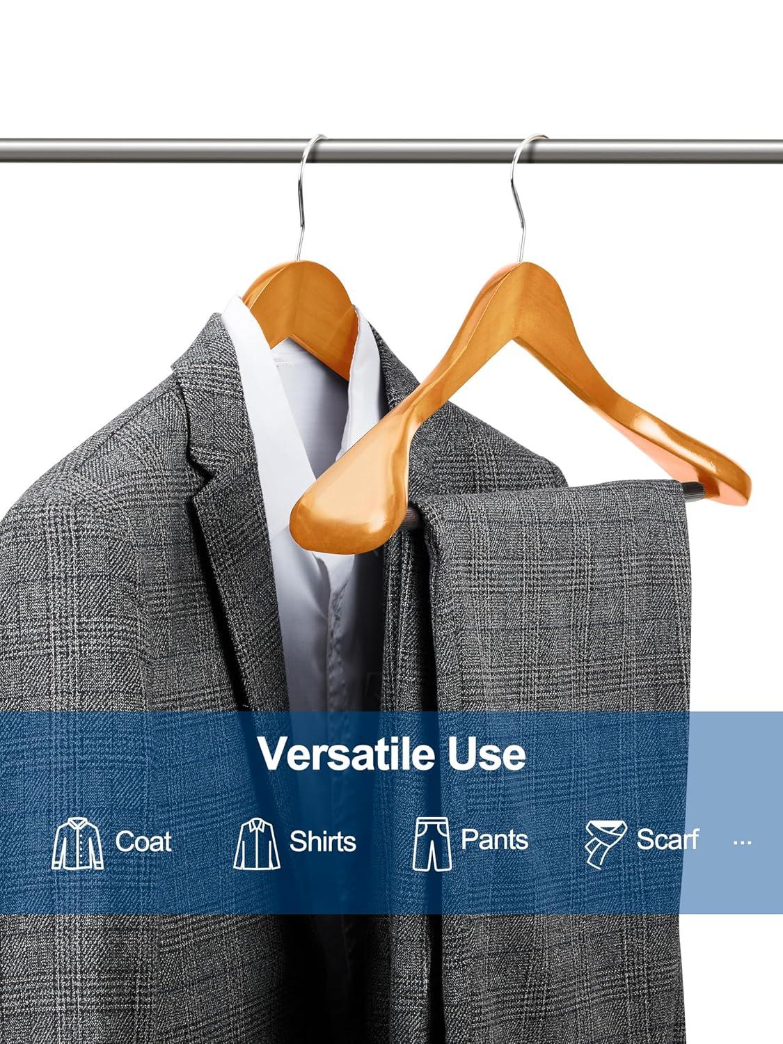 TOPIA HANGER Wide Shoulder Wooden Hangers, Suit Hangers with Non Slip Pants Bar & 360° Swivel Hook, Solid Wood Heavy Duty Coat Hanger, 6 Pack (Natural)-CT02NA