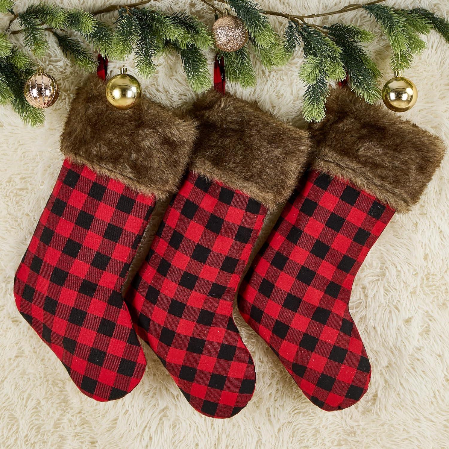 Chirstmas Stockings 3 Pack 18 Inch, Large Buffalo Plaid Xmas Stockings with Faux Fur Cuff, Country Rustic Holiday Indoor Decorations for Family