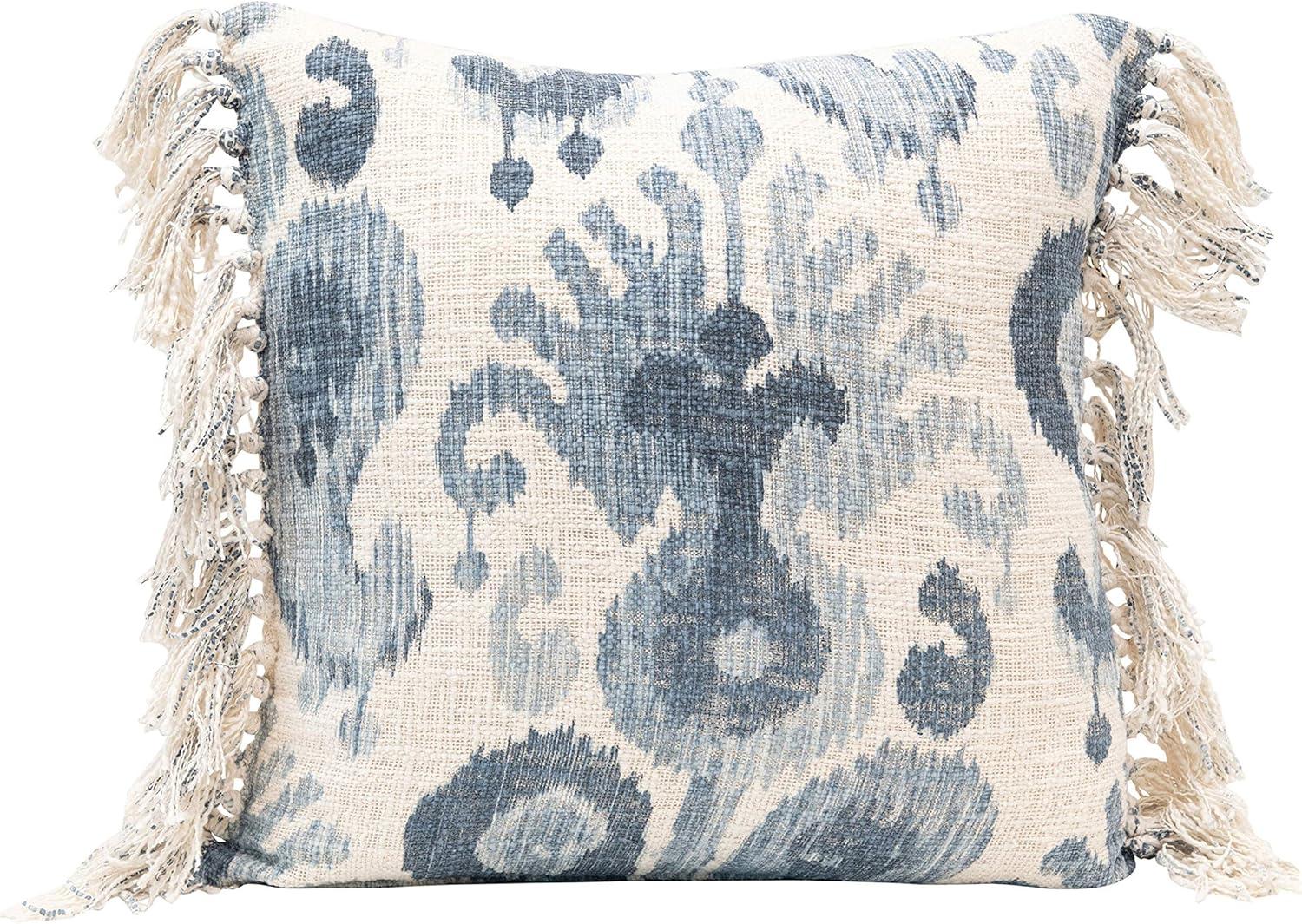 20" Blue and Cream Cotton Blend Ikat Throw Pillow with Tassels