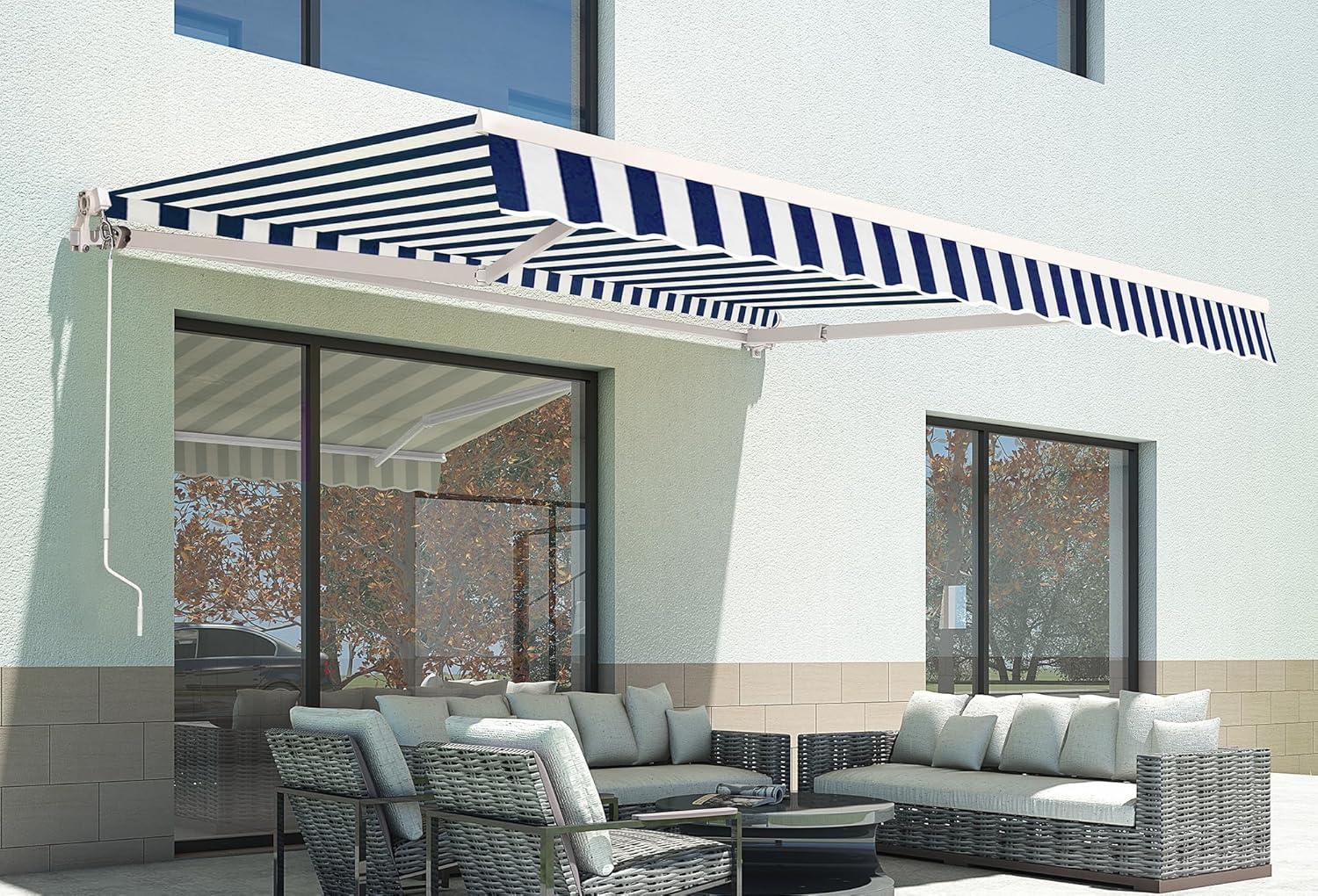Large White and Black Striped Polyester Retractable Outdoor Canopy