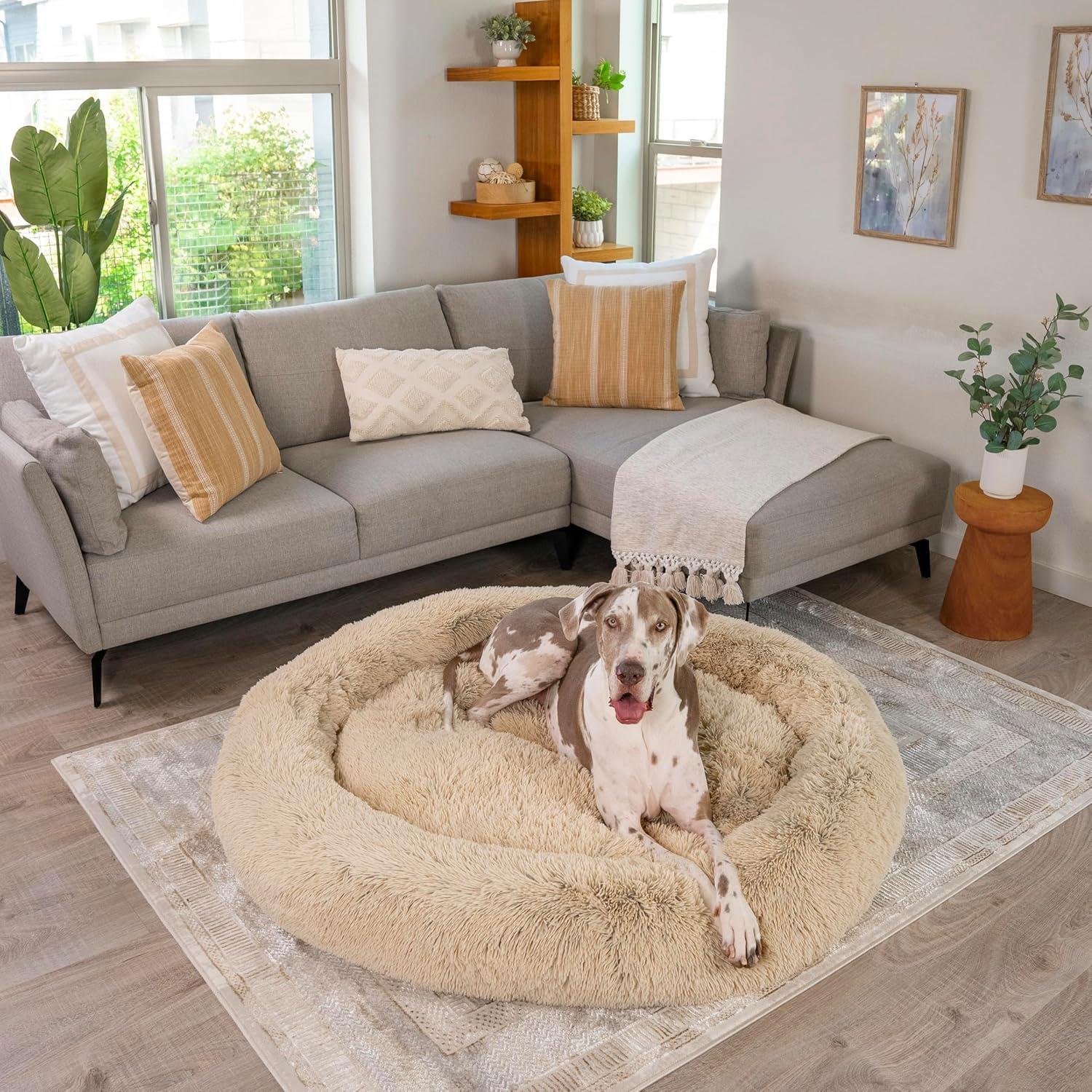 Best Friends by Sheri The Original Calming Donut Dog and Cat Bed Shag 2XL Dog Bed for Big Dogs, Taupe, 54" x 54"