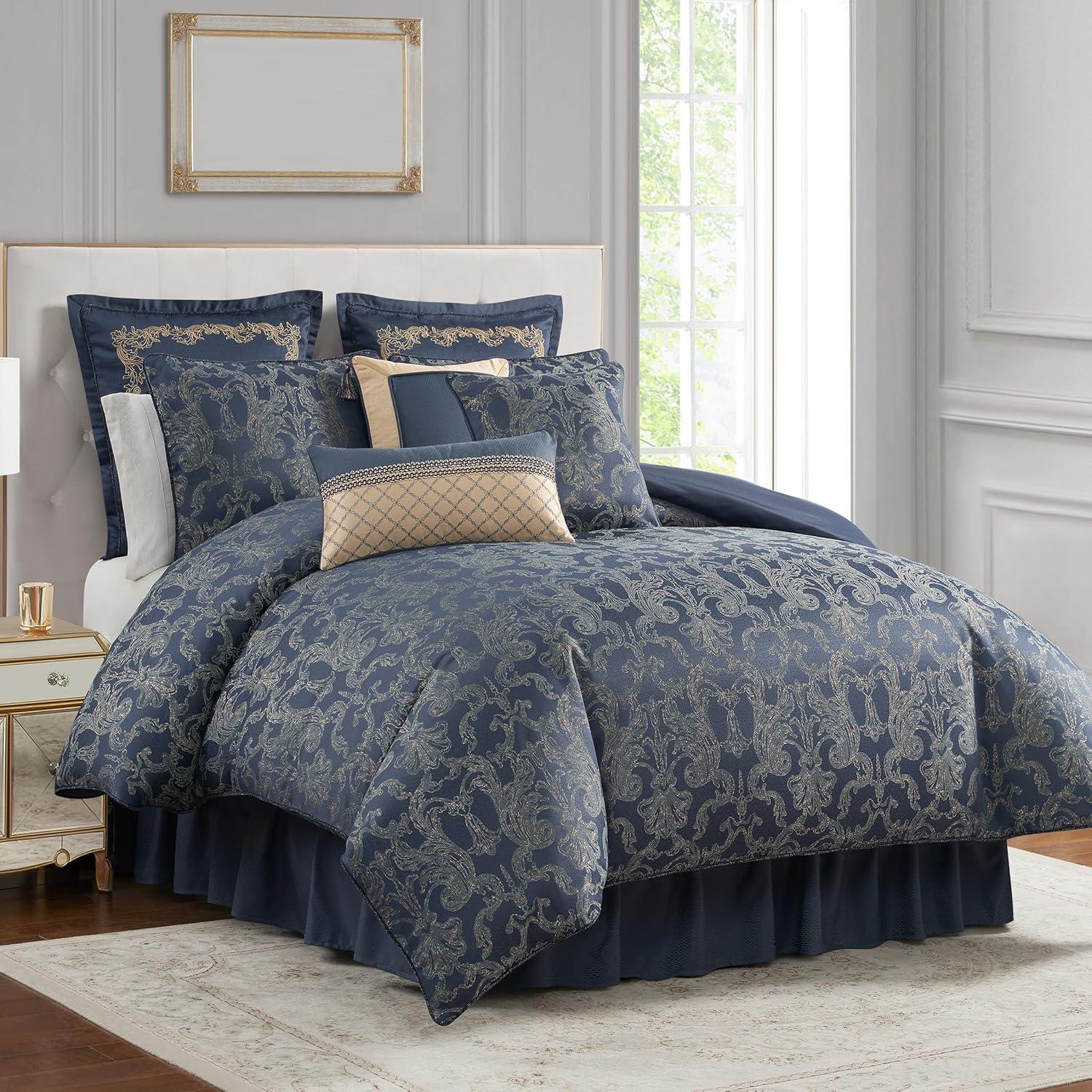 Navy and Gold Reversible Queen Bedspread Set with Tassels