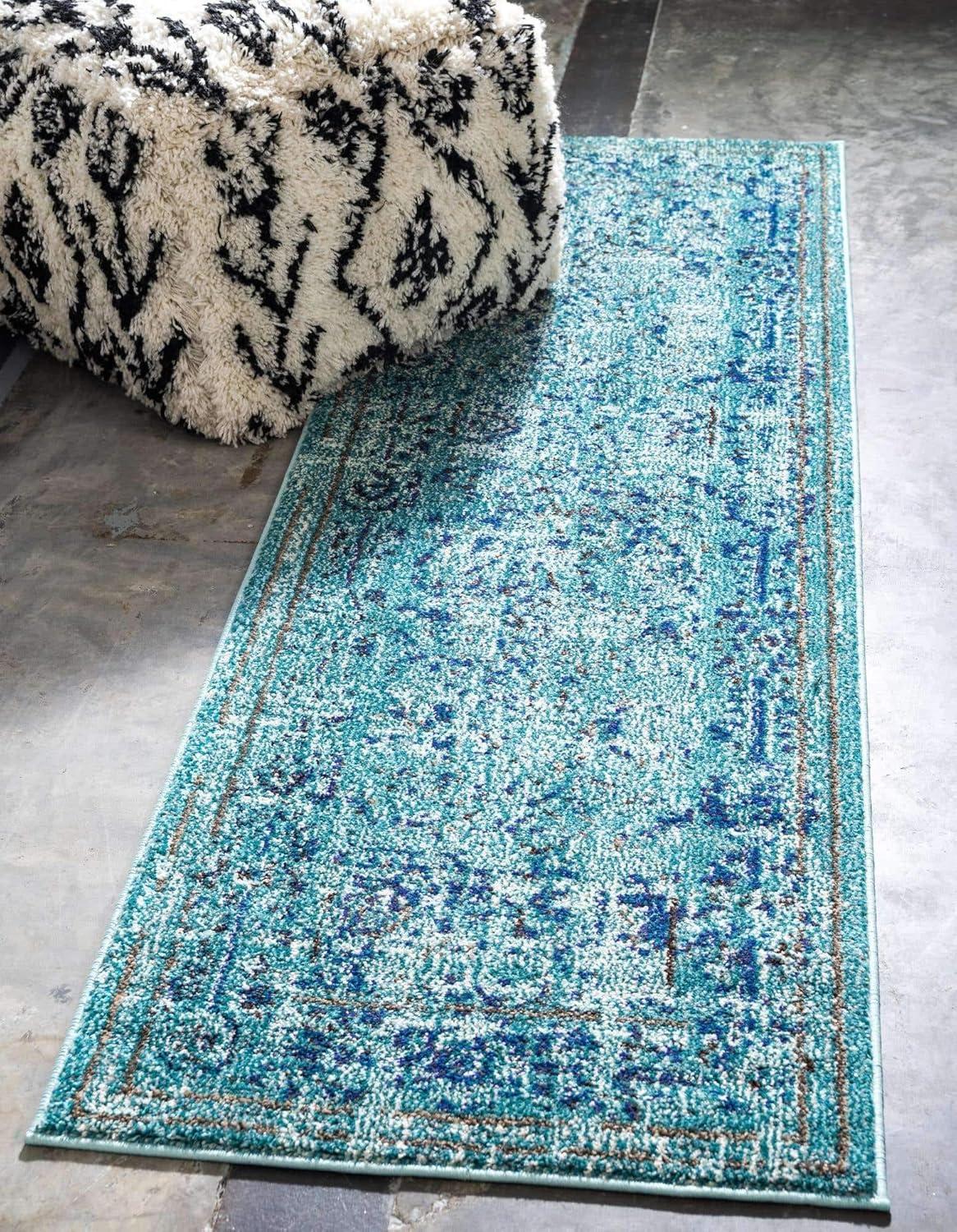 Light Blue Synthetic Stain-Resistant Runner Rug