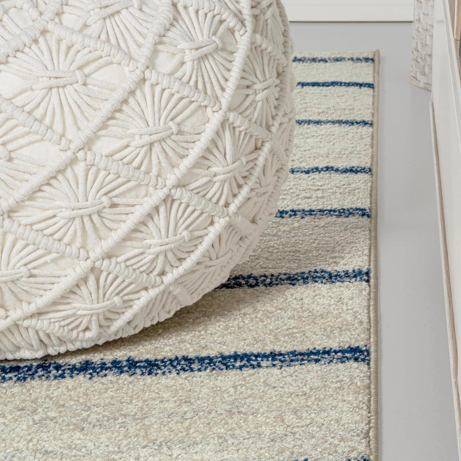 Cream and Navy Stripe Synthetic 4' x 6' Area Rug