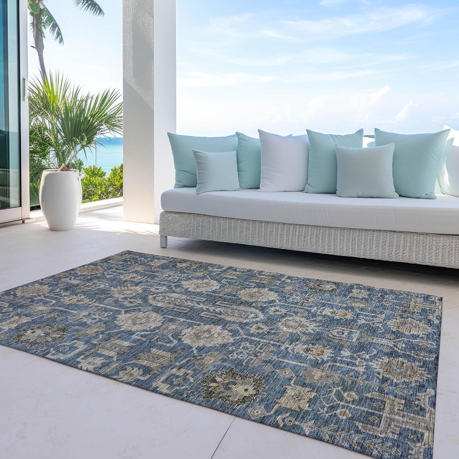 Navy and Beige Synthetic Flat Woven 8' x 10' Oriental Rug