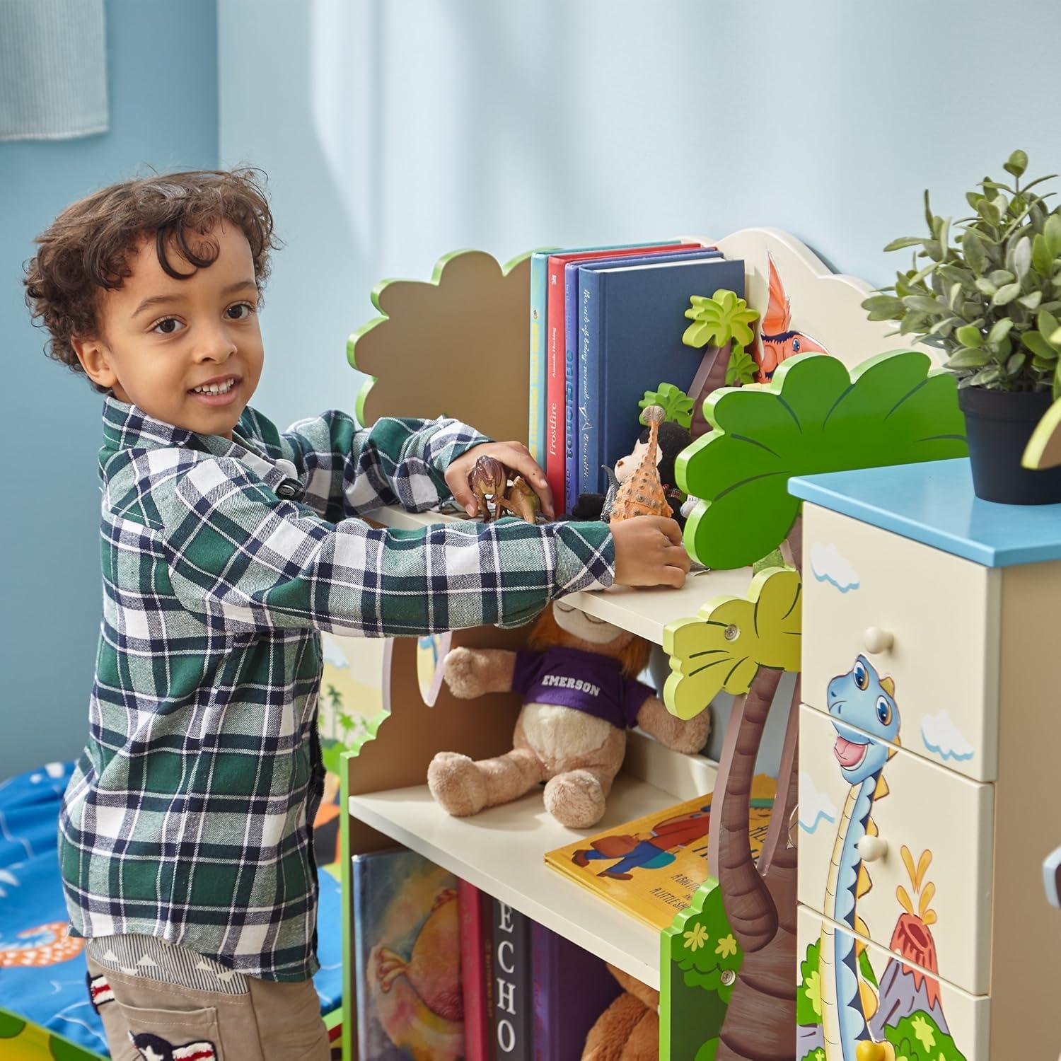 Teamson Kids Dinosaur Kingdom Kids Wooden 3-Tier Bookshelf with Drawer