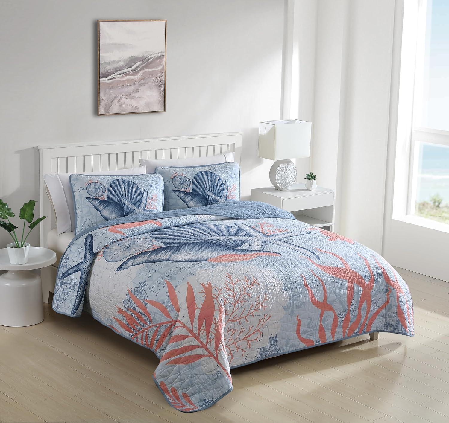 Caribbean Joe  Coastal 3PC Quilt Set Coral Turtle - Full - Queen