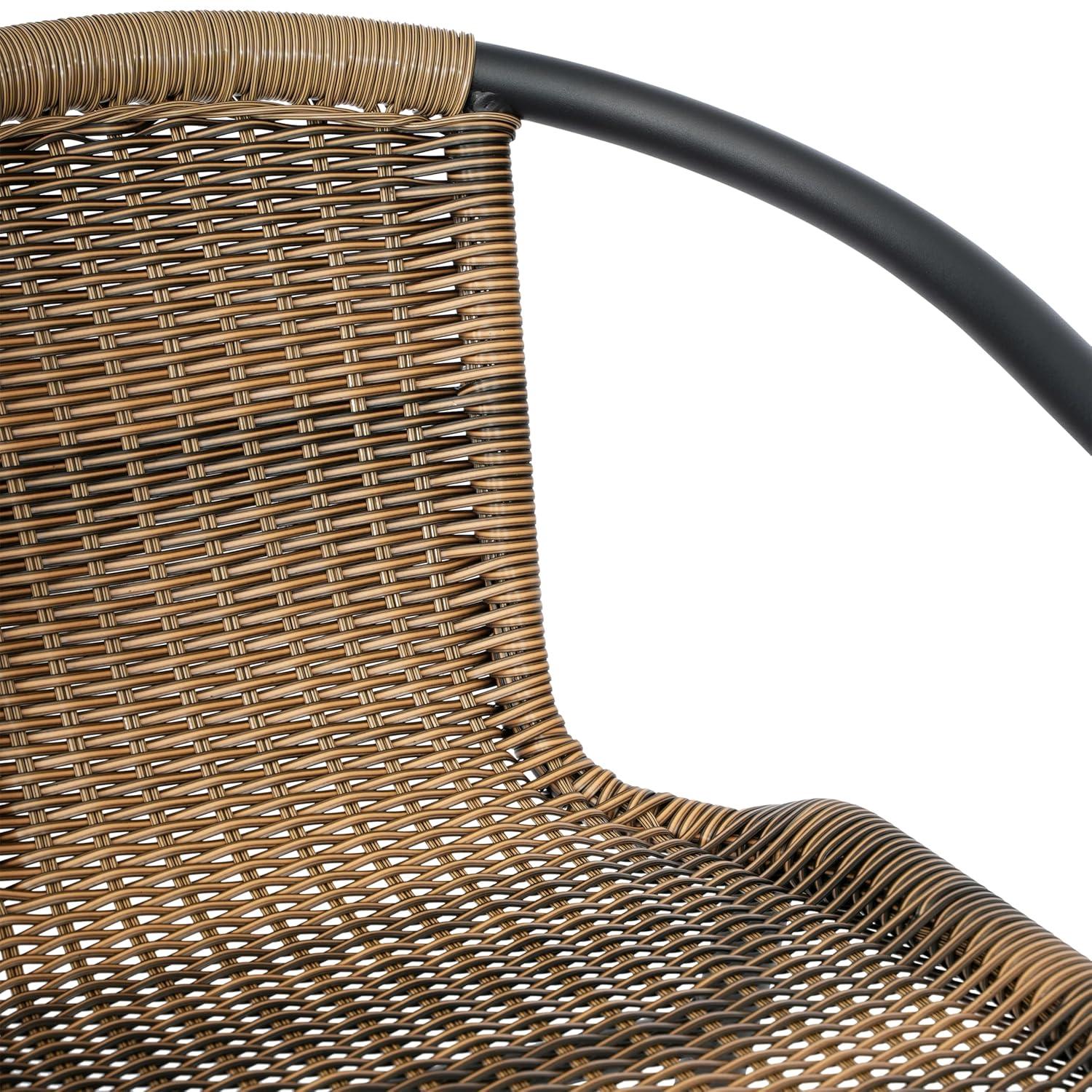 Flash Furniture Lila Set of 2 Commercial Grade Indoor-Outdoor PE Rattan Restaurant Barstool with Black Aluminum Frame and Footrest in Medium Brown