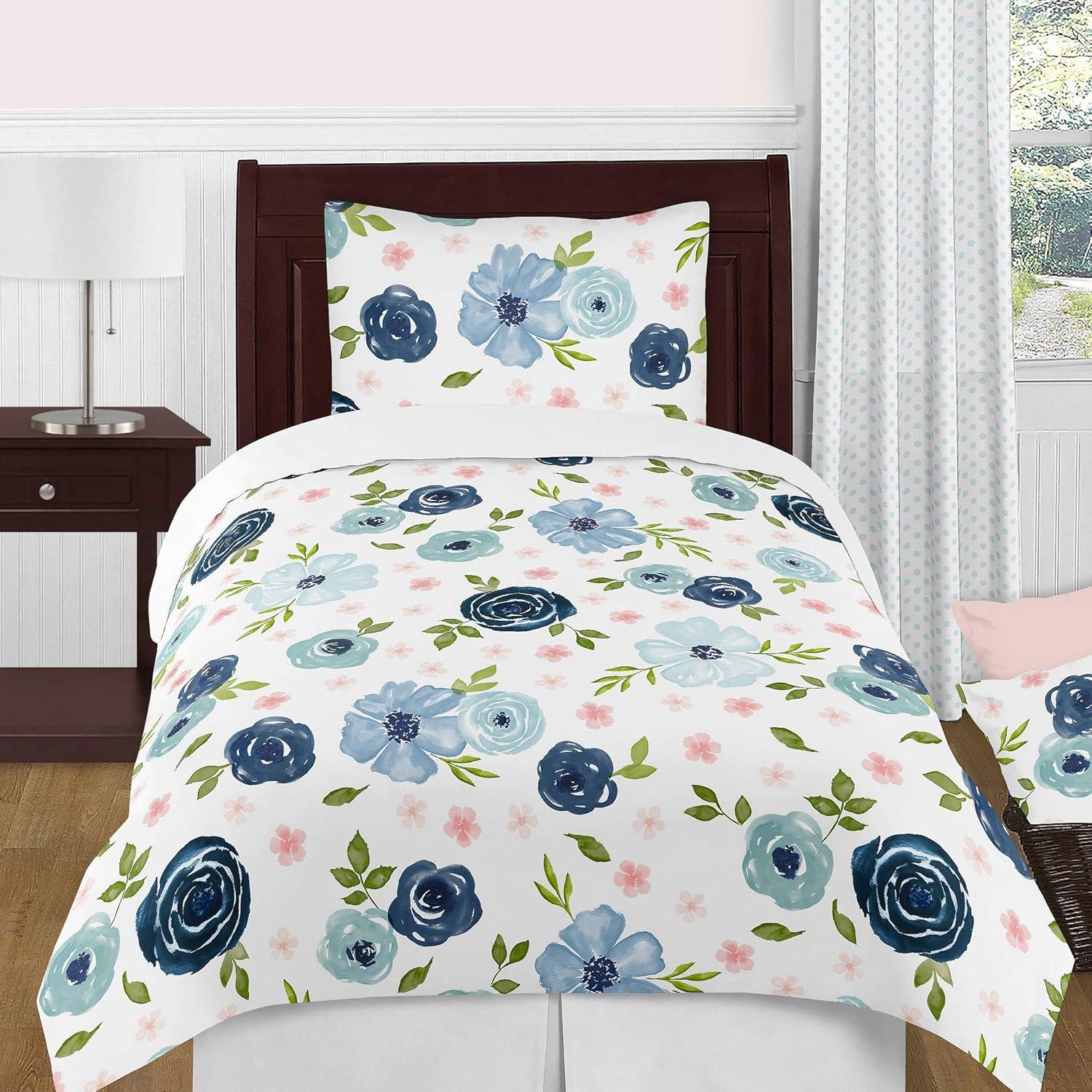Sweet Jojo Designs Girl Set of 2 Kids' Decorative Fabric Storage Bins Watercolor Floral Blue Pink and White