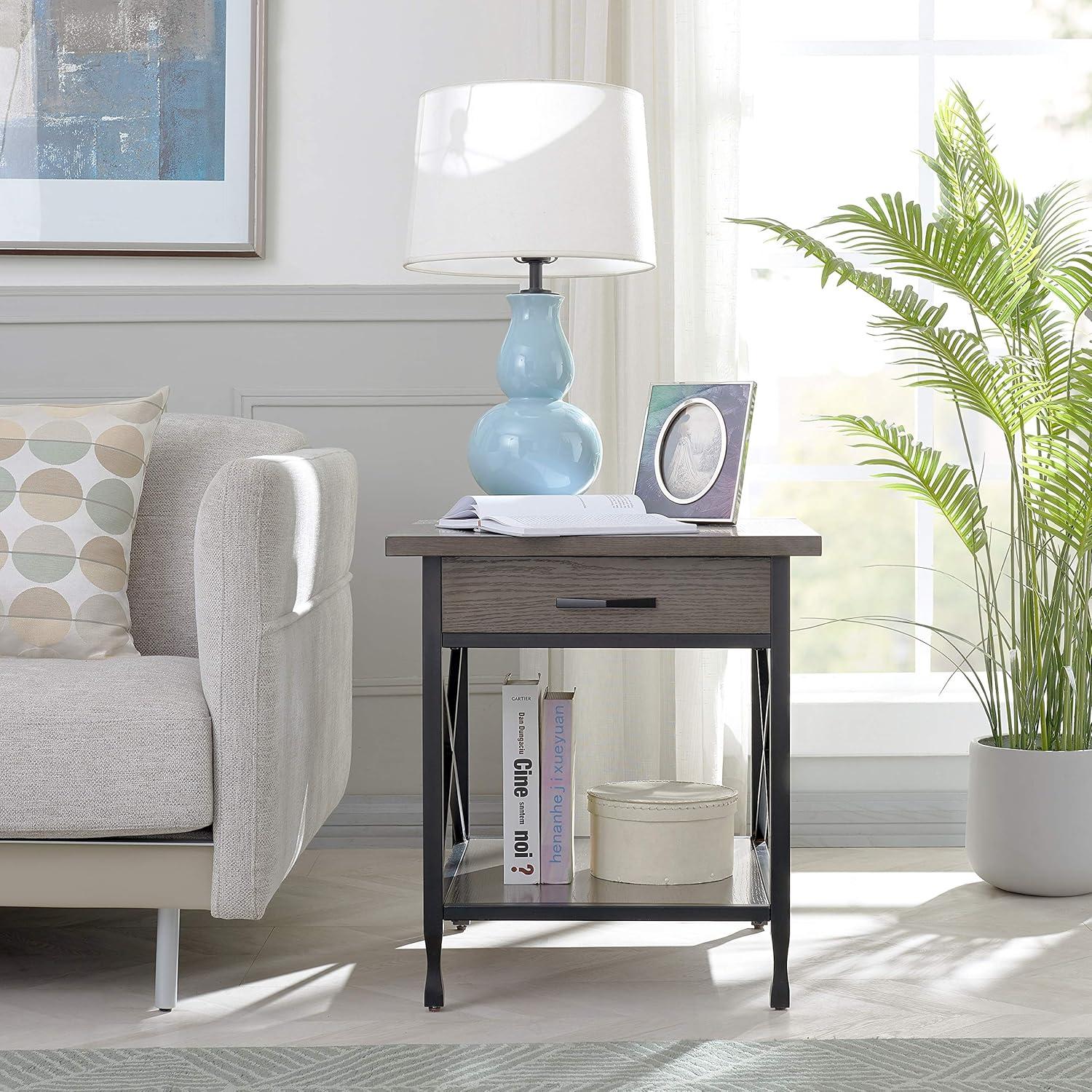 Smoky Gray Oak & Matte Black Metal Square Side Table with Storage