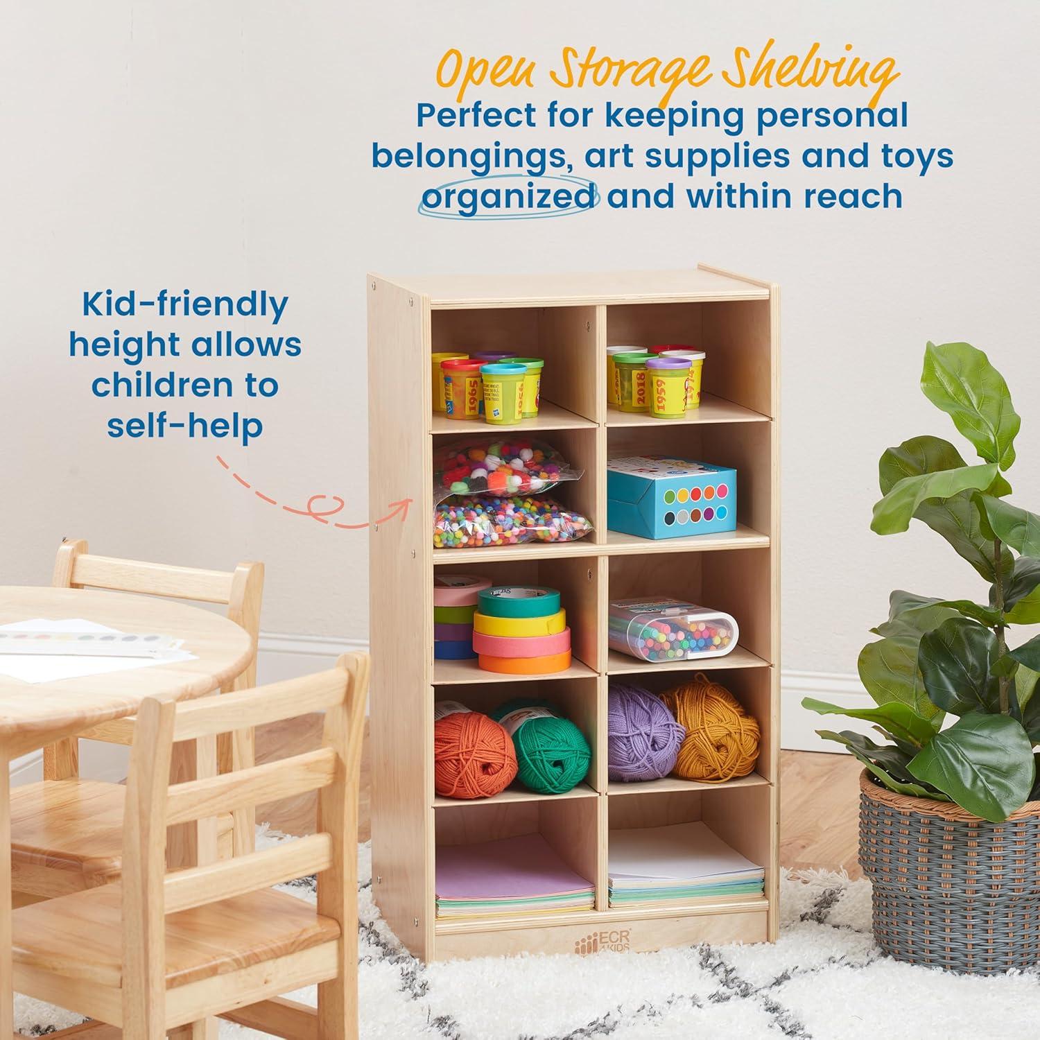 Natural Birch 10-Cubby Mobile Tray Storage Cabinet for Kids