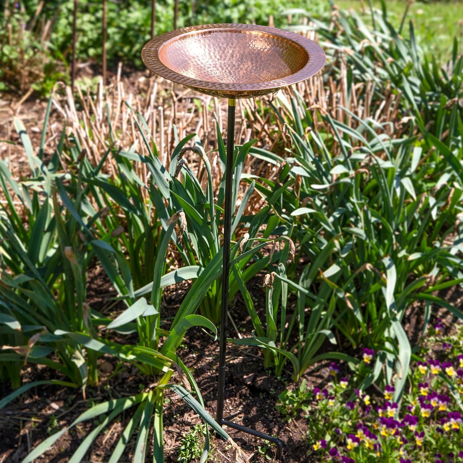 Sunnydaze Outdoor Hand-Hammered Standing Bird Bath or Bird Feeder with Stake - Copper - 33" H