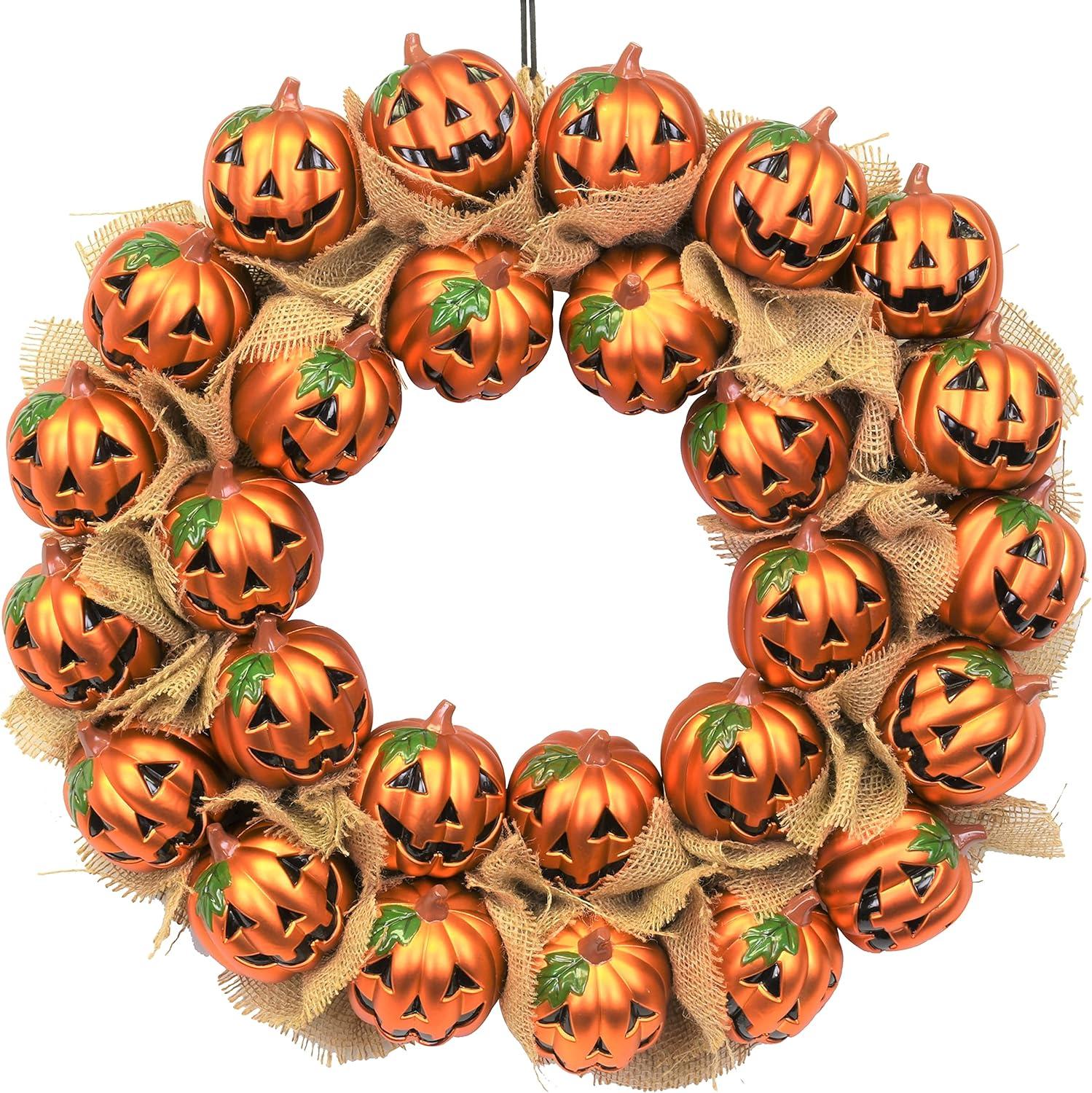 20" Round Burlap and Plastic Pumpkin Halloween Wreath