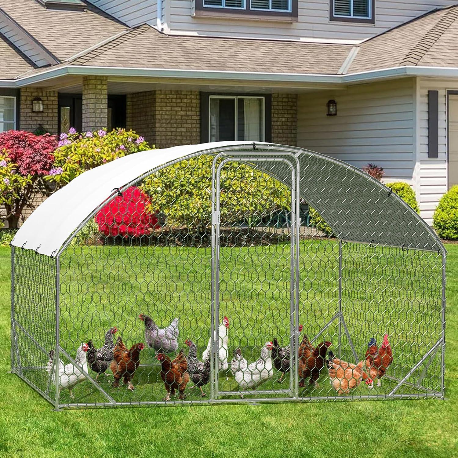 Large Metal Chicken Coop, Dome Chicken Coop with Upgrade Tri-Supporting, Chicken Run with Waterproof and Anti-UV Cover, Large Chicken Coop for Outdoor Duck Rabbit (13.1'L x 9.8'W x 6.5'H)