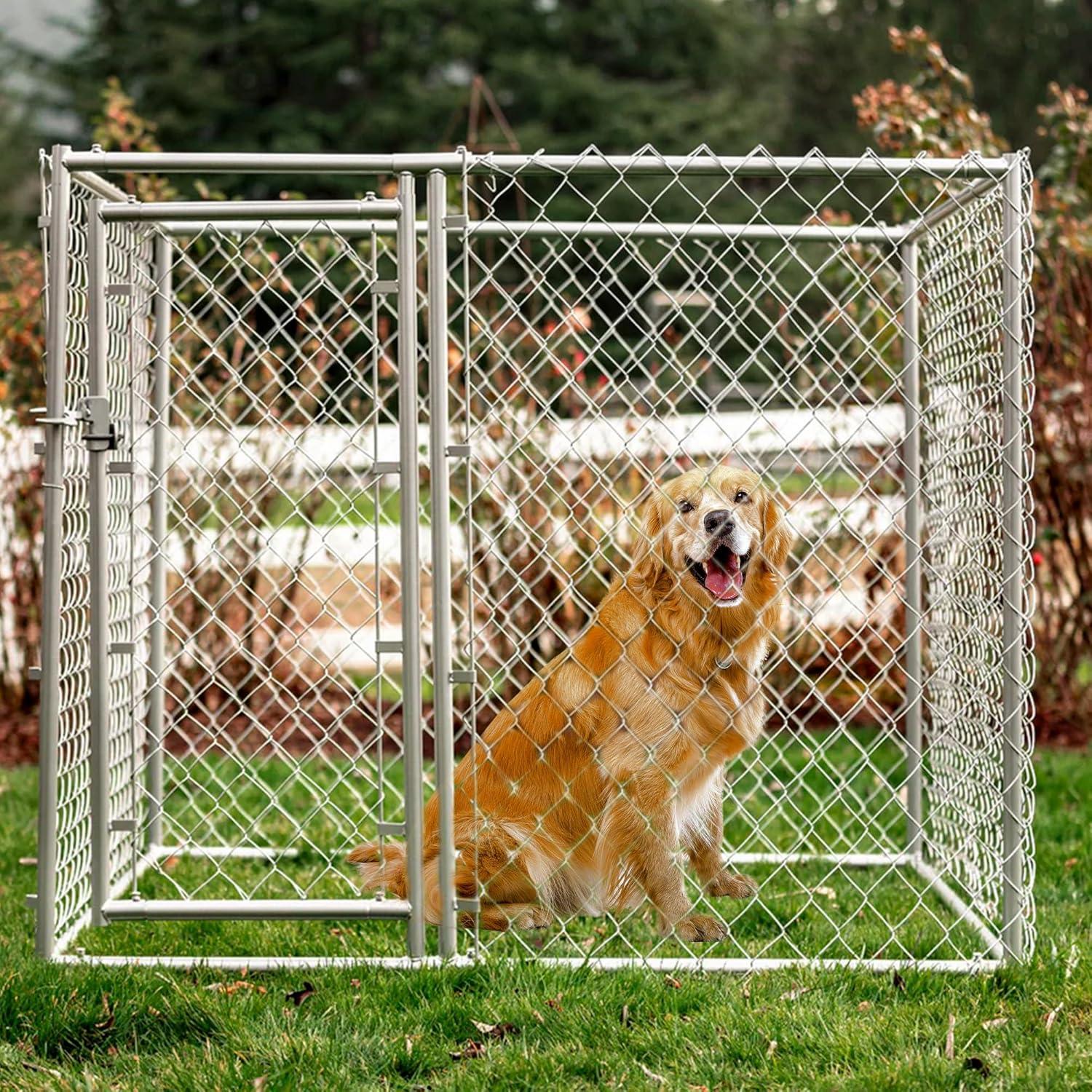 Lucky Dog Adjustable Heavy Duty Outdoor Galvanized Steel Chain Link Dog Kennel Enclosure with Latching Door, and Raised Legs