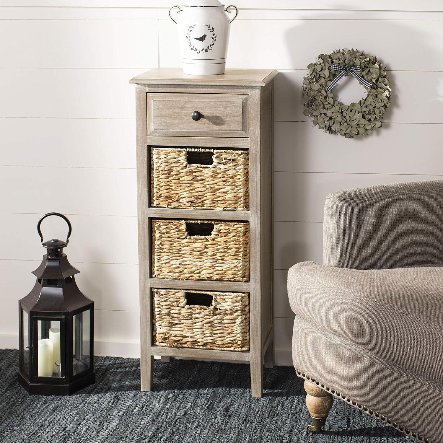 Transitional Michaela Rectangular Wooden Side Table with 4 Basket Drawers - Vintage White