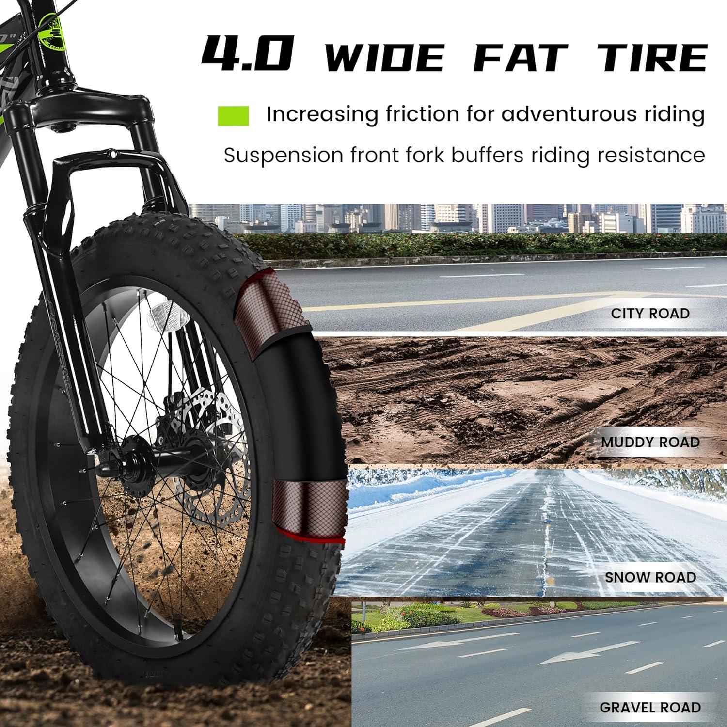 Mountain Bike 20 inch Wheels Fat Tire Bike,4" Wide Fat Tire Snow Mountain Bike ,7 Speed Teenager Children Kids' Bicycles