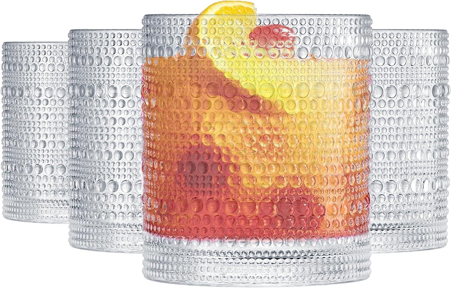 Khen Plastic Hobnail Drinking Glasses Set of 4 Clear Cups 14oz, Shatterproof & Unbreakable Acrylic Beaded Design, BPA-Free, Dishwasher Safe Indoor/Outdoor Drinkware for Water, Juice, Cocktails