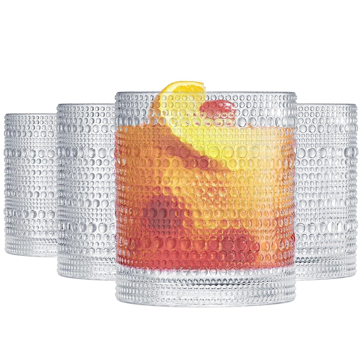 Khen Plastic Hobnail Drinking Glasses Set of 4 Clear Cups 14oz, Shatterproof & Unbreakable Acrylic Beaded Design, BPA-Free, Dishwasher Safe Indoor/Outdoor Drinkware for Water, Juice, Cocktails
