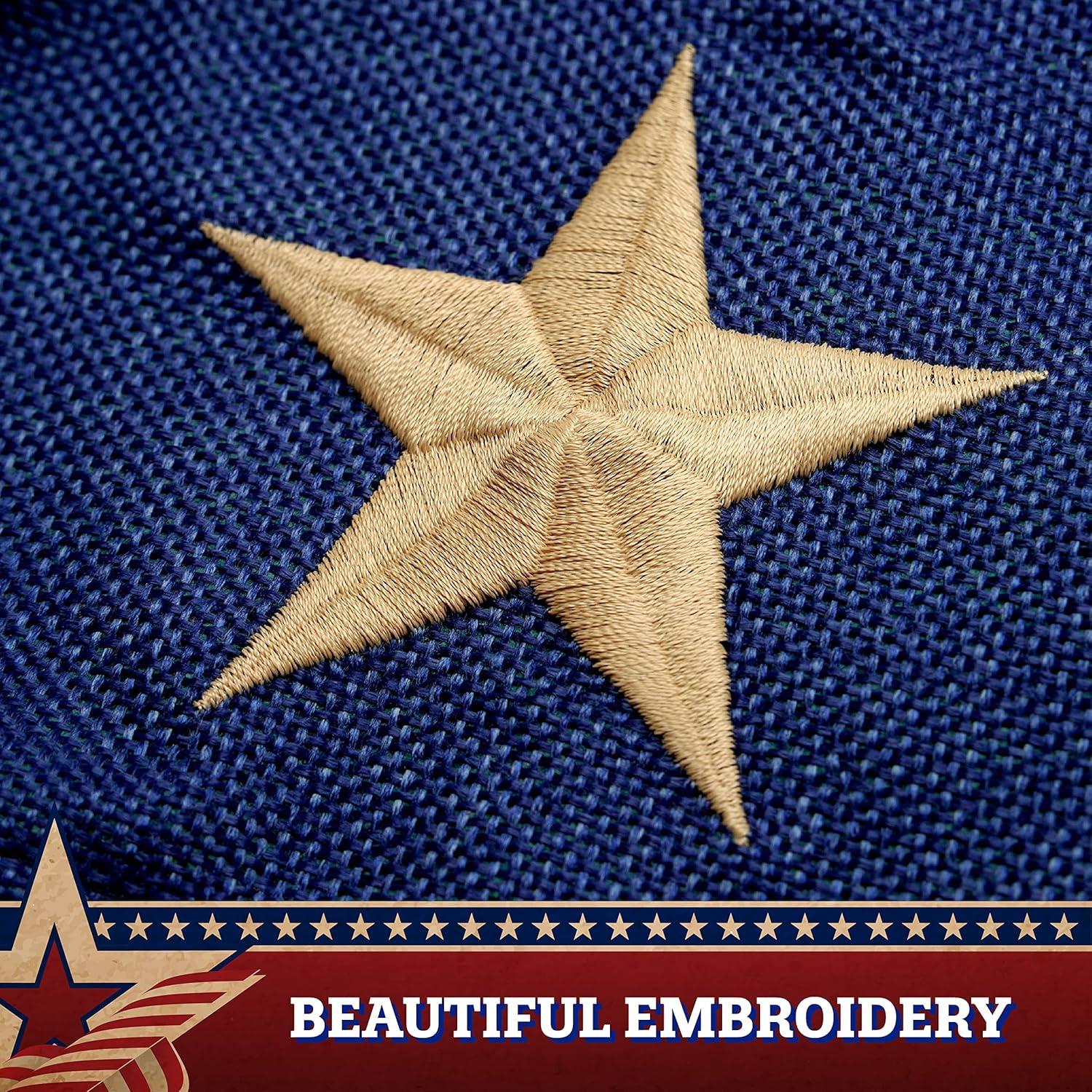 G128 USA Tea Stained Pleated Fan Flag 3x6FT Burlap Embroidered Polyester Stars and Stripes