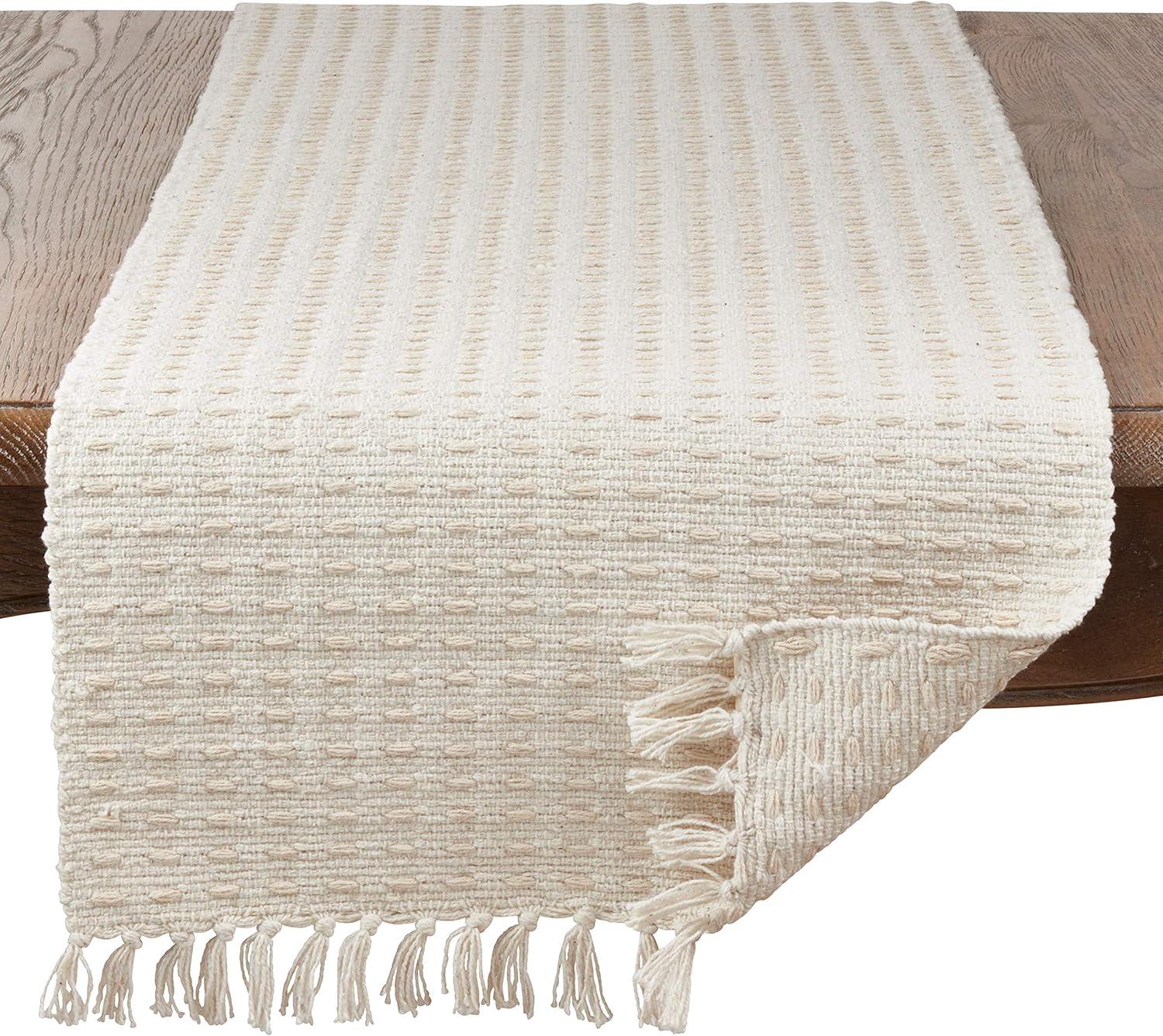 Natural Cotton Dashed Woven Table Runner with Tassels