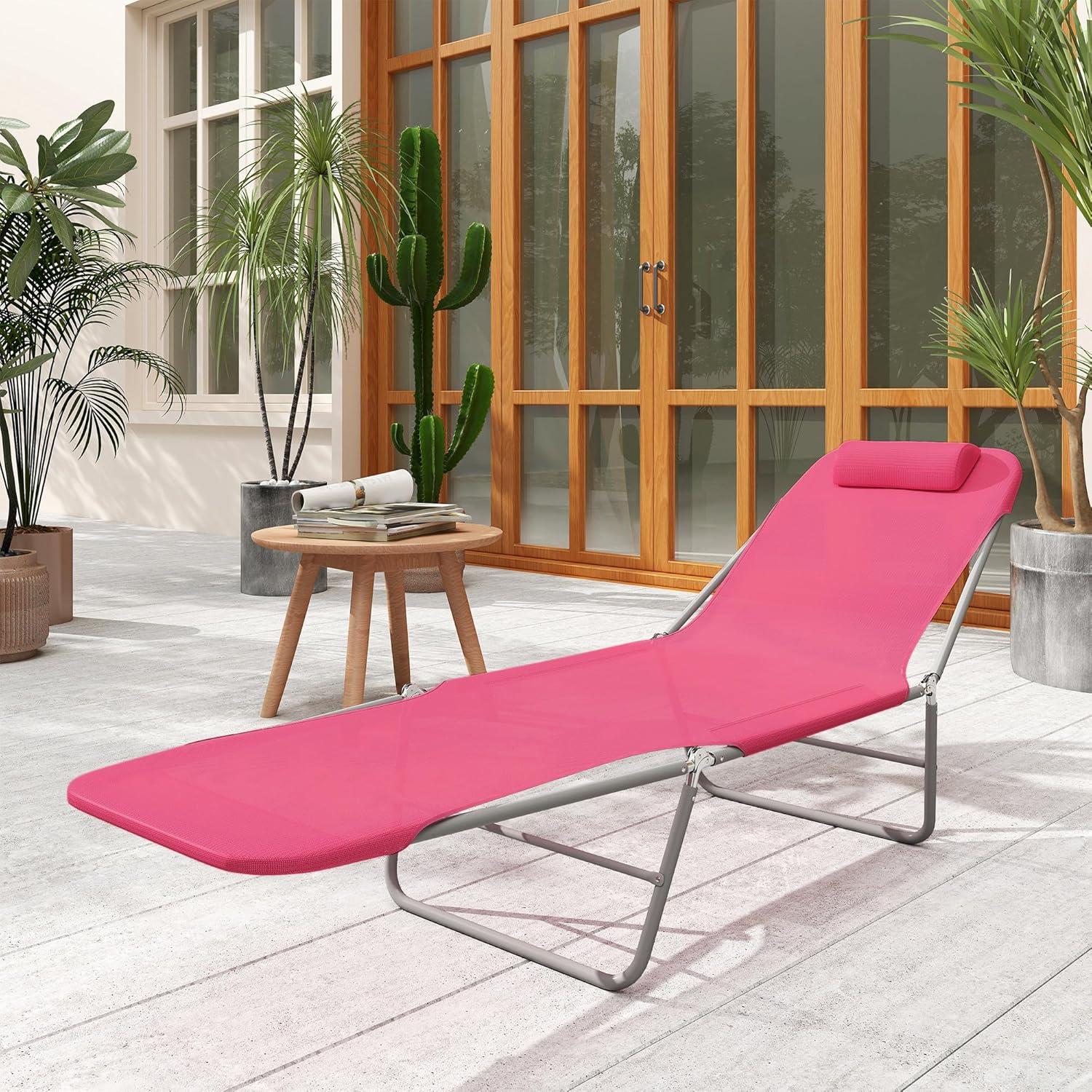Outsunny Foldable Outdoor Chaise Lounge Chair, 5-Level Reclining Camping Tanning Chair with Breathable Mesh Fabric and Headrest, Pink