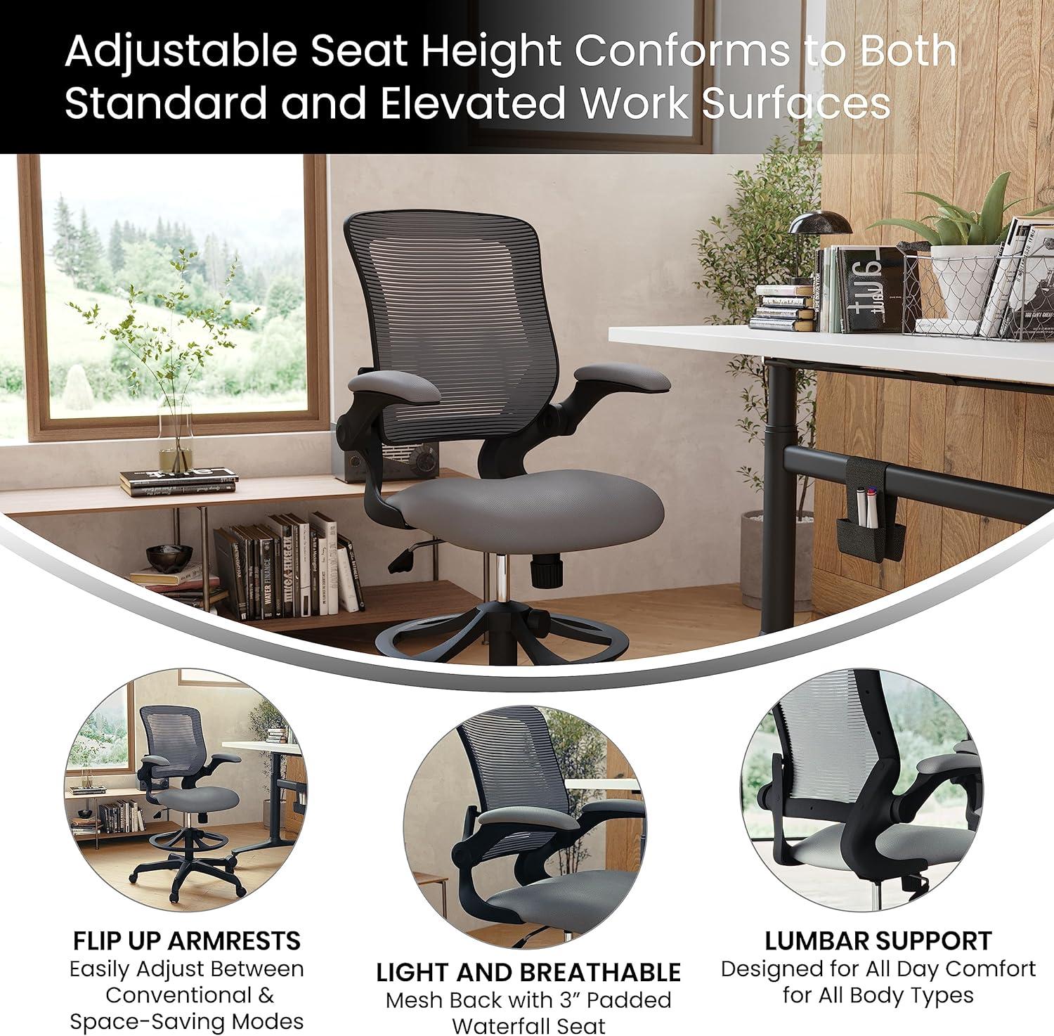 Flash Furniture Mid-Back Mesh Ergonomic Drafting Chair with Adjustable Foot Ring and Flip-Up Arms