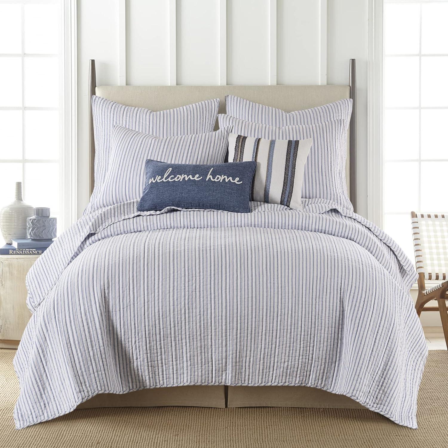 Tobago Stripe Blue Quilt Set - One Full/Queen Quilt and Two Standard Shams - Levtex Home