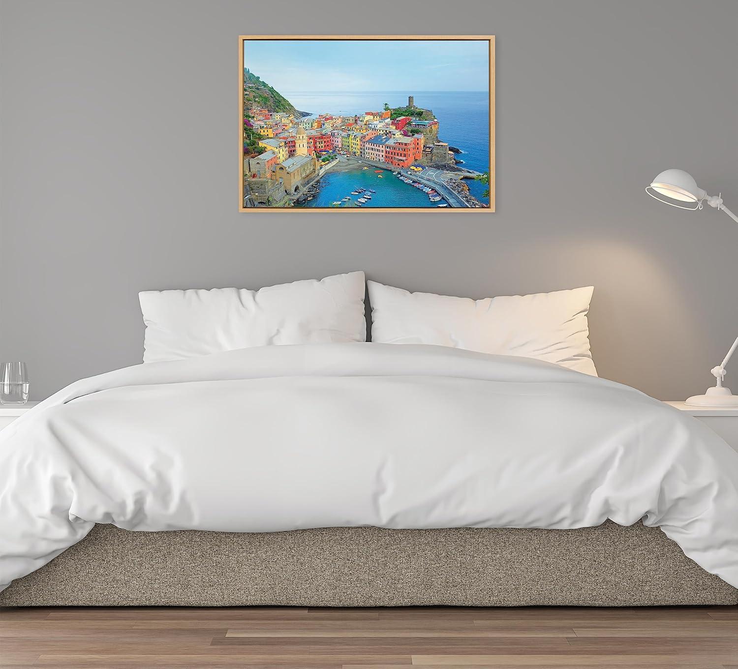 Kate and Laurel Sylvie Cinque Terre 2 Framed Canvas Wall Art by Rachel Dowd, 23x33 Natural, Modern Scenic Cityscape Photograph for Wall Decor