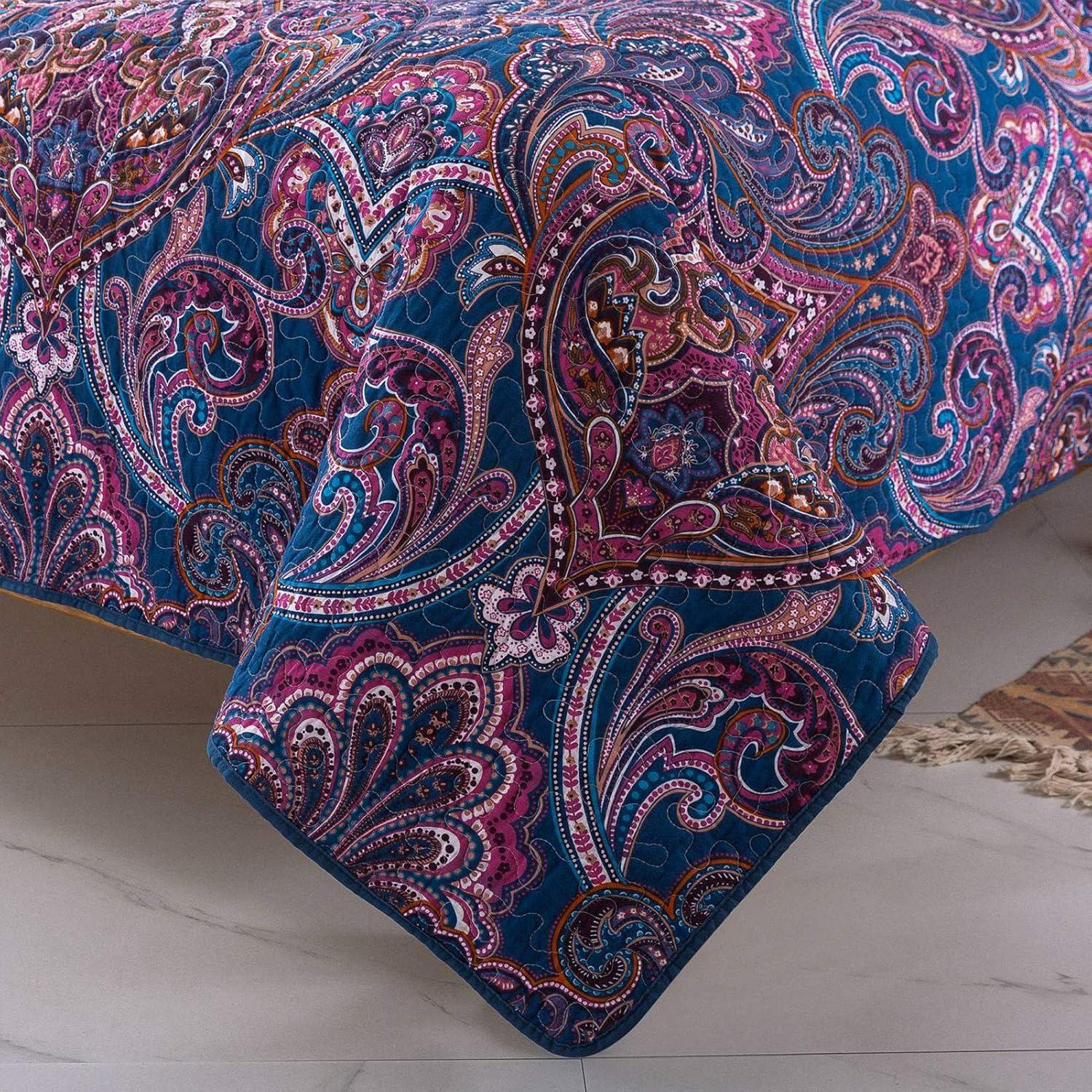 NEWLAKE Cotton Bedspread King Quilt Sets, Purple Classic Floral Pattern