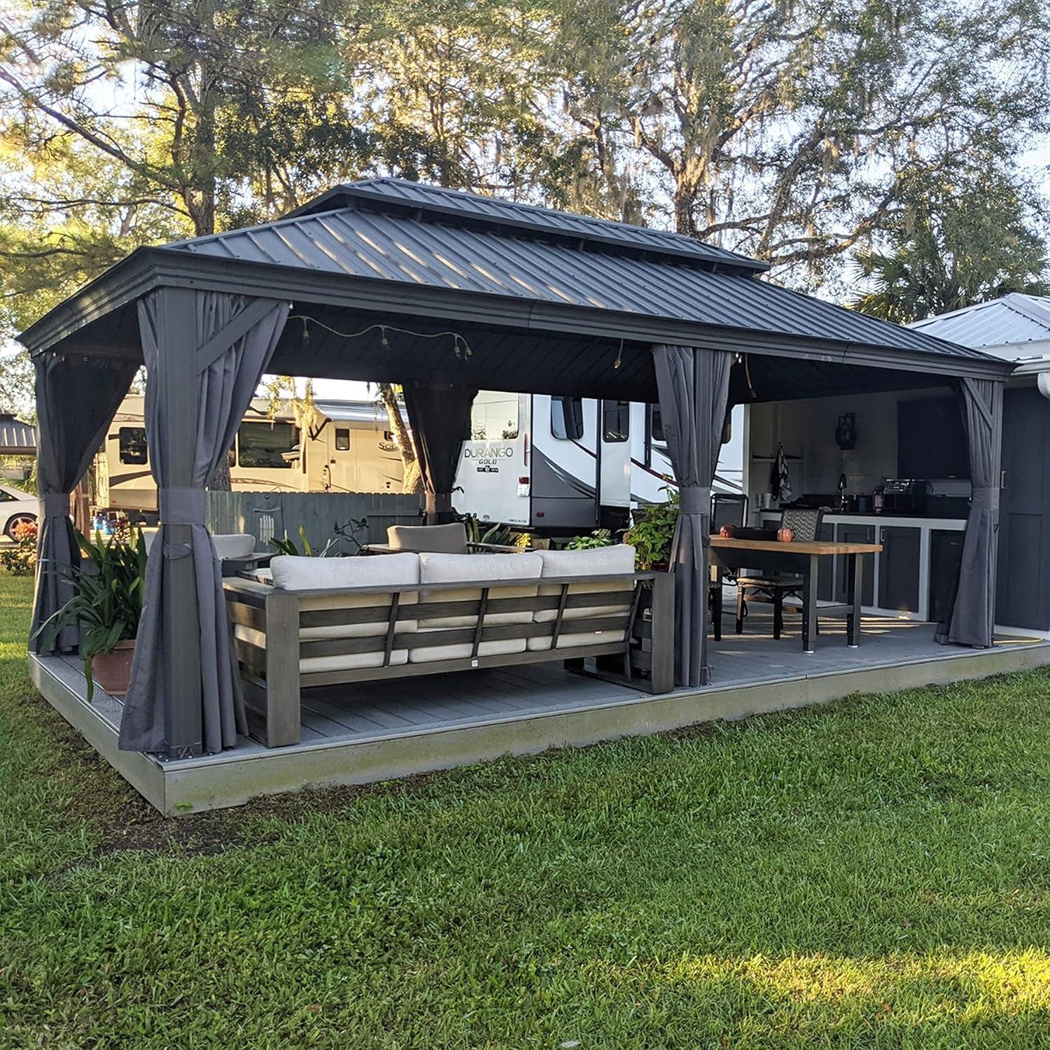 Grey 12' x 20' Aluminum and Steel Hardtop Gazebo with Curtains