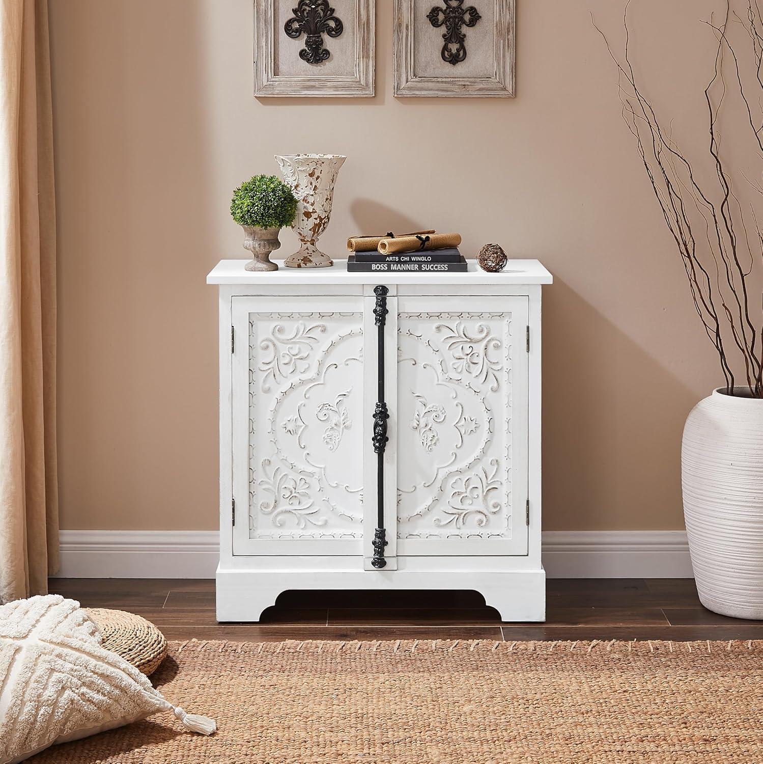 White Floral Pattern Farmhouse Sideboard with Solid Wood Legs