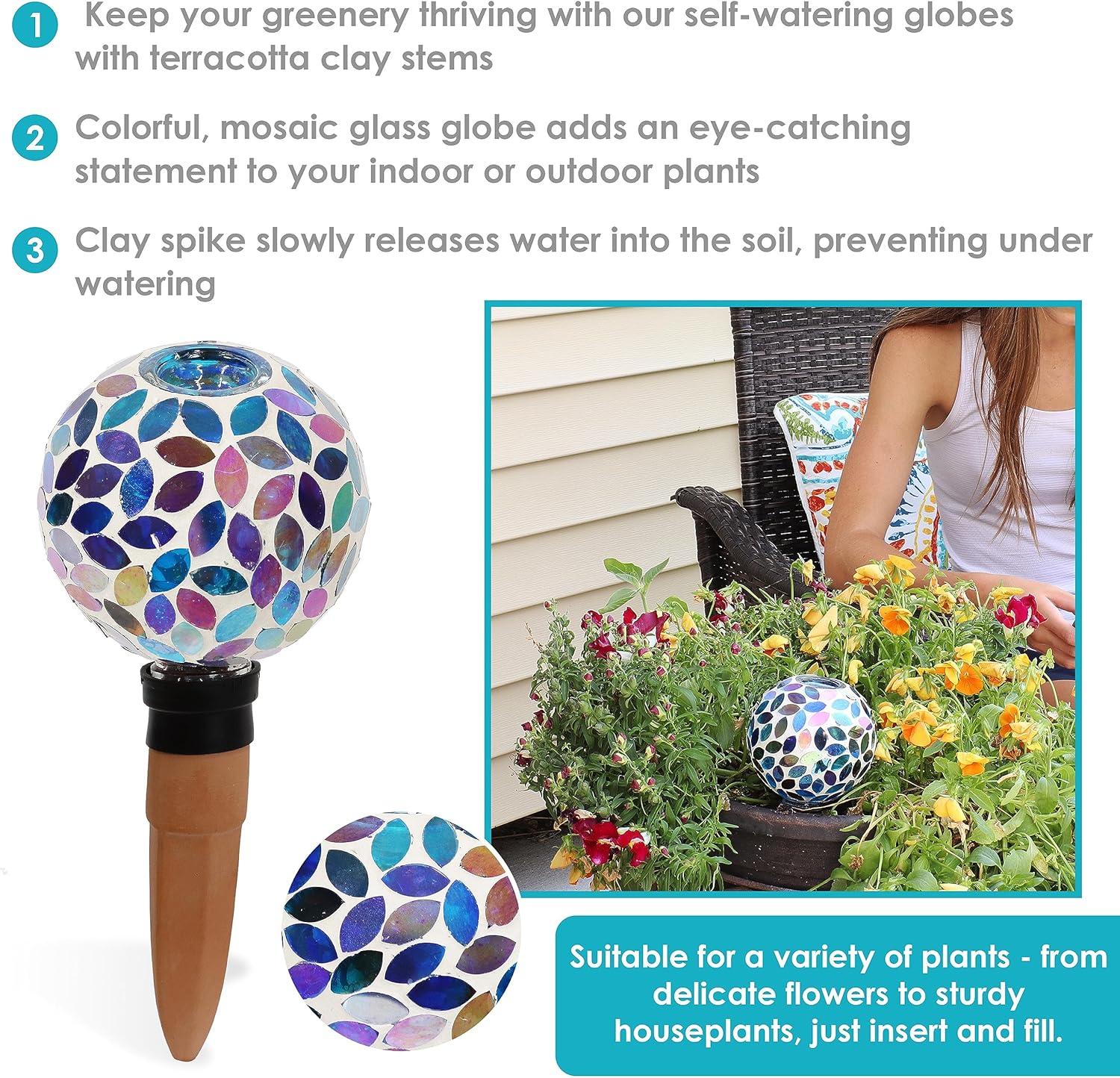 Sunnydaze Glass Mosaic Watering Globe for Plants and Flowers