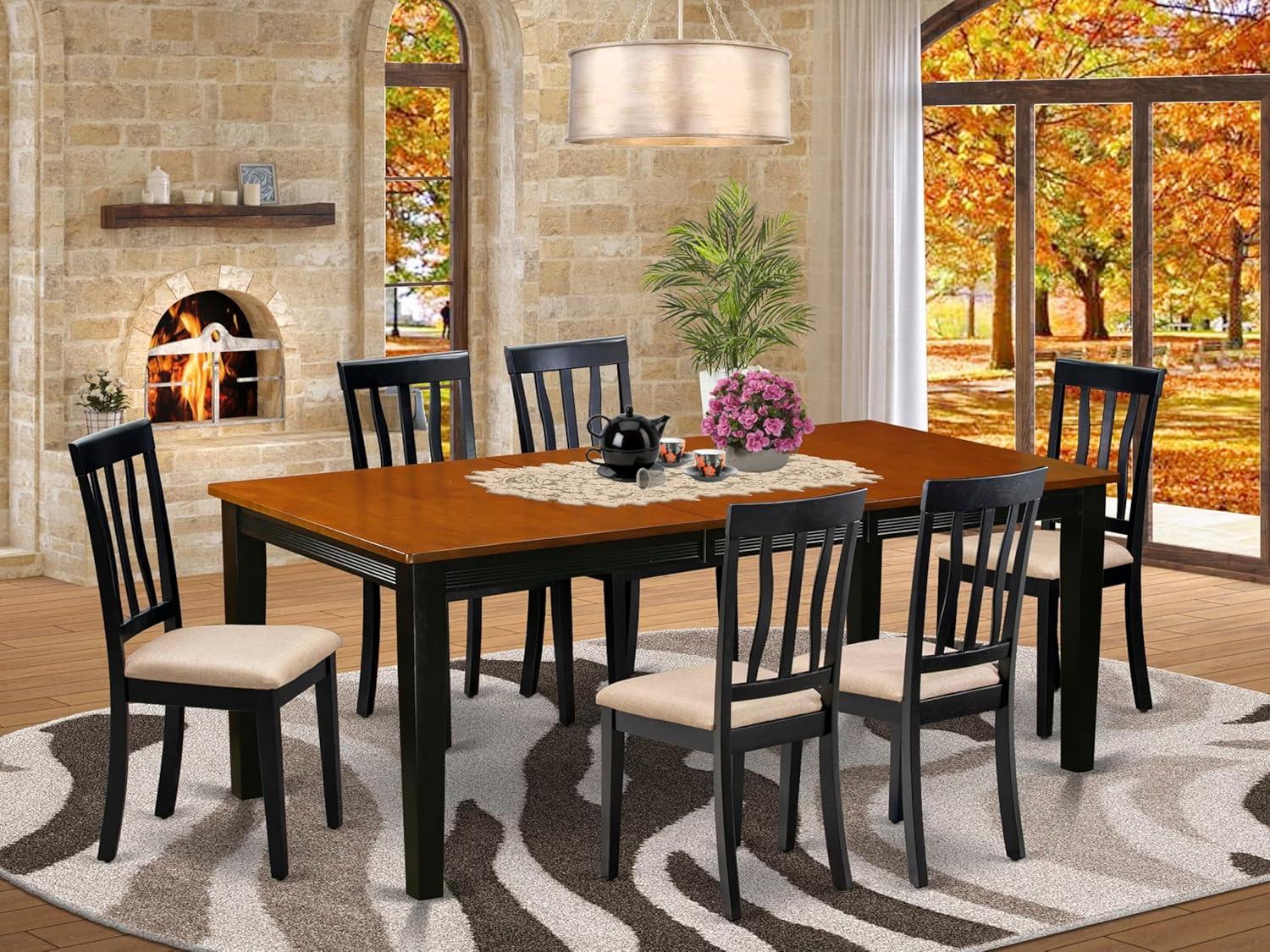 Rectangular Black and Cherry Wood Dining Set with 6 Upholstered Chairs