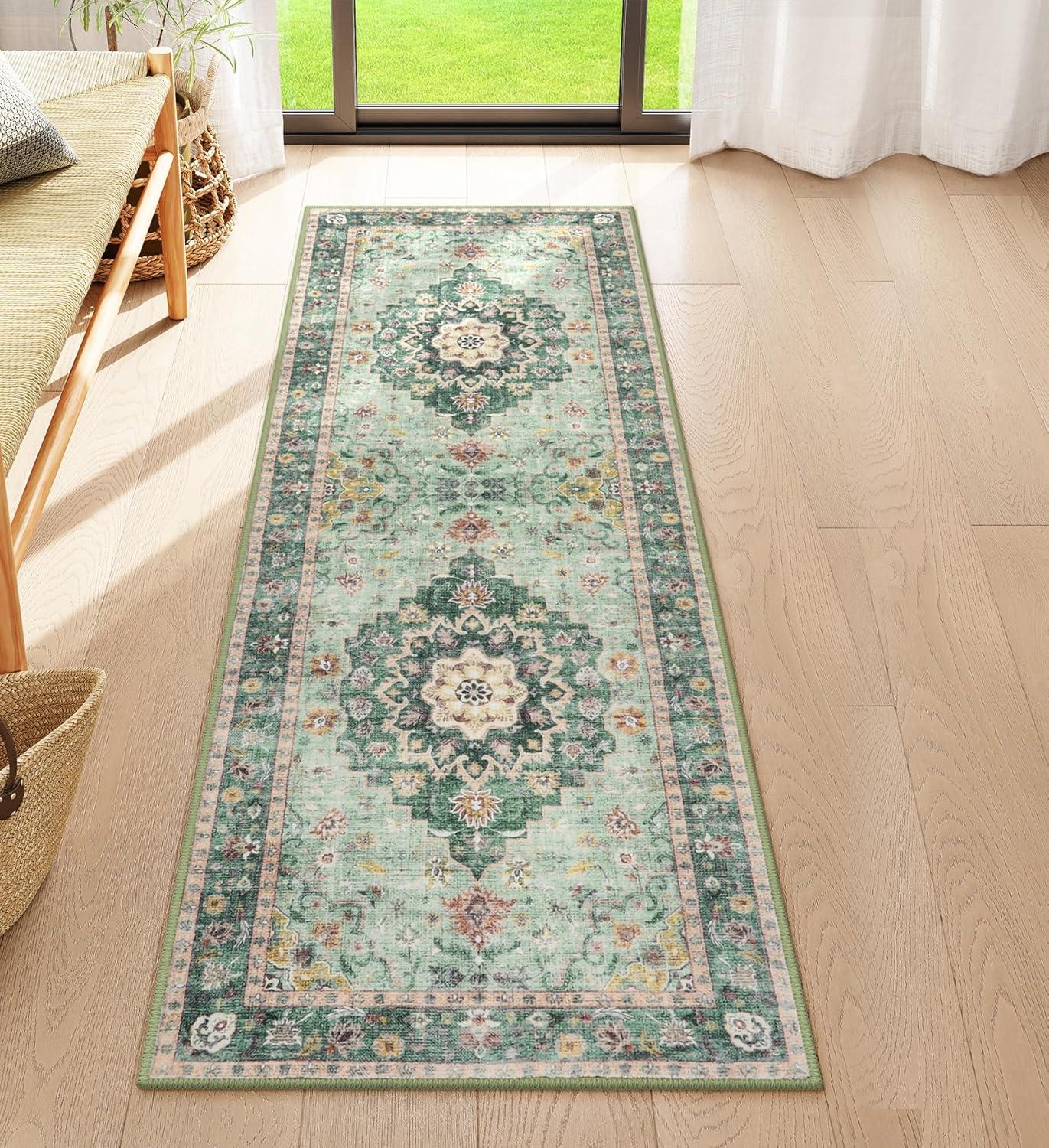 CAROMIO 2' x 6' Runner for Hallway Boho Vintage Rug Non Slip Throw Rugs Floral Bedroom Rug, Green