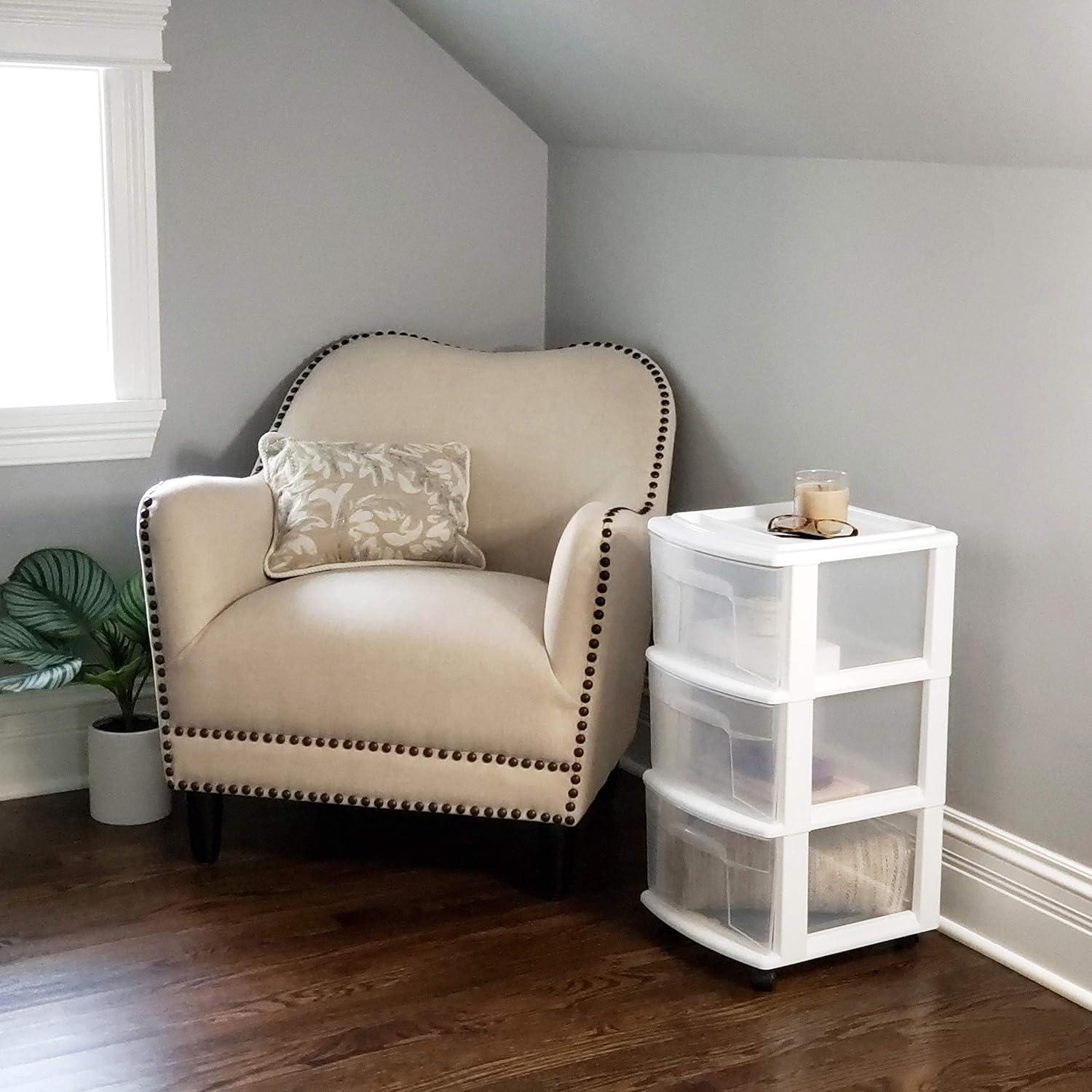 HOMZ Drawer Tower, 3-Tier Clear Plastic Storage Organizer Cart, White Frame - Heavy-Duty Organizing Drawers for Home, Bedroom, and Closet Organization