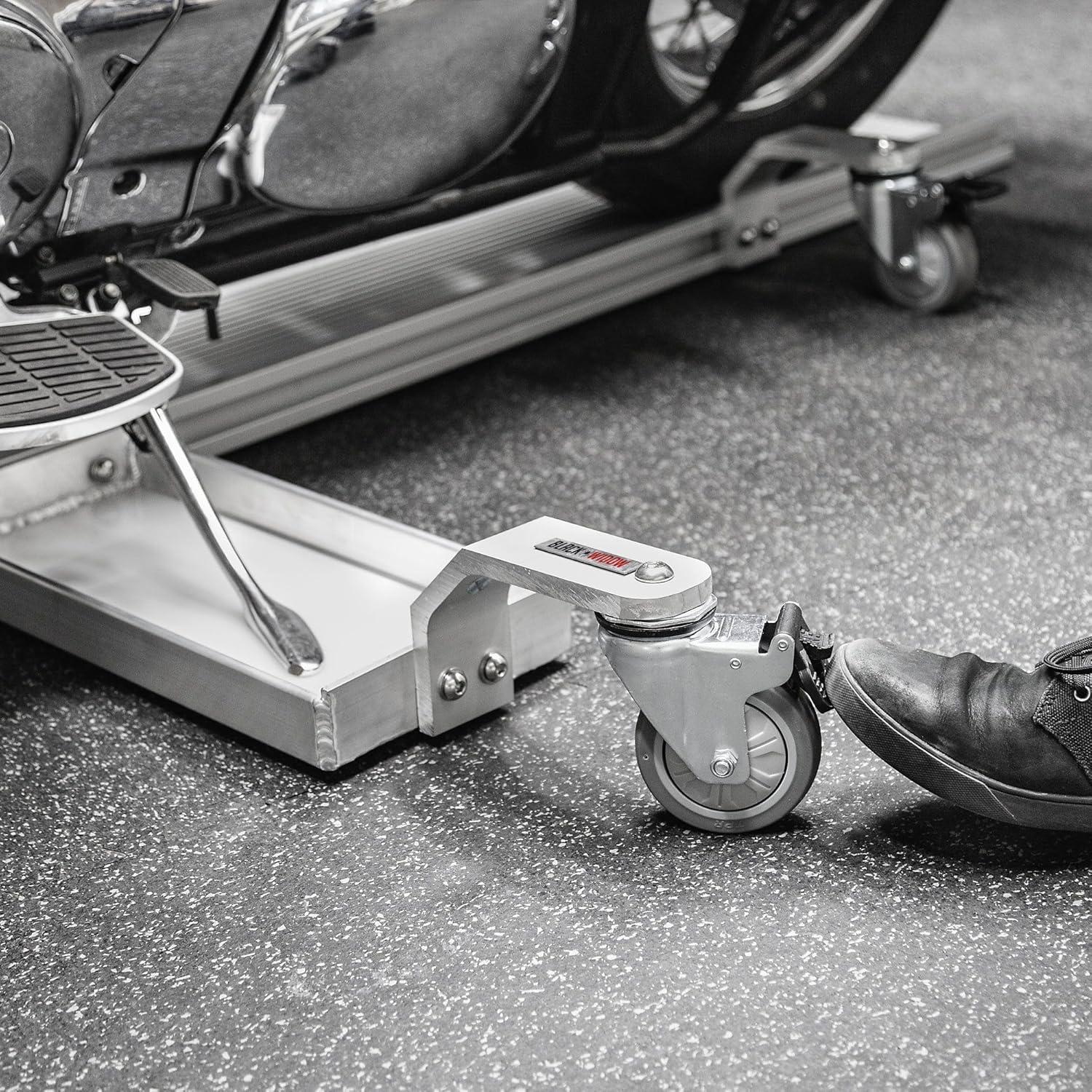 Black Widow Motorcycle Dolly with Fully Adjustable Kickstand Plate Locking Casters with Ride-On Load and Ride-Off Unload without Use of Ramp or Lever