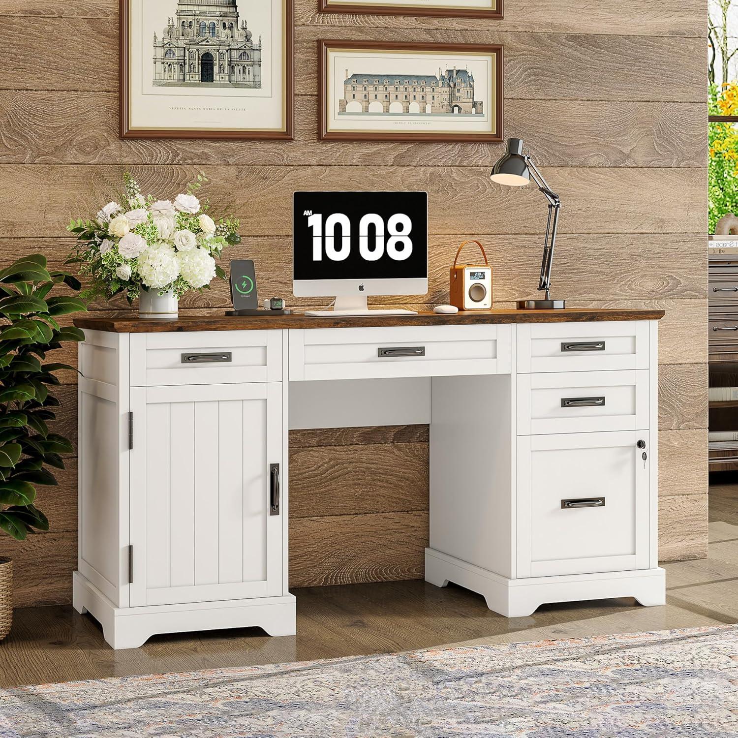 August Grove® 55'' Farmhouse Executive Desk with Drawers, File Cabinet and Power Outlets
