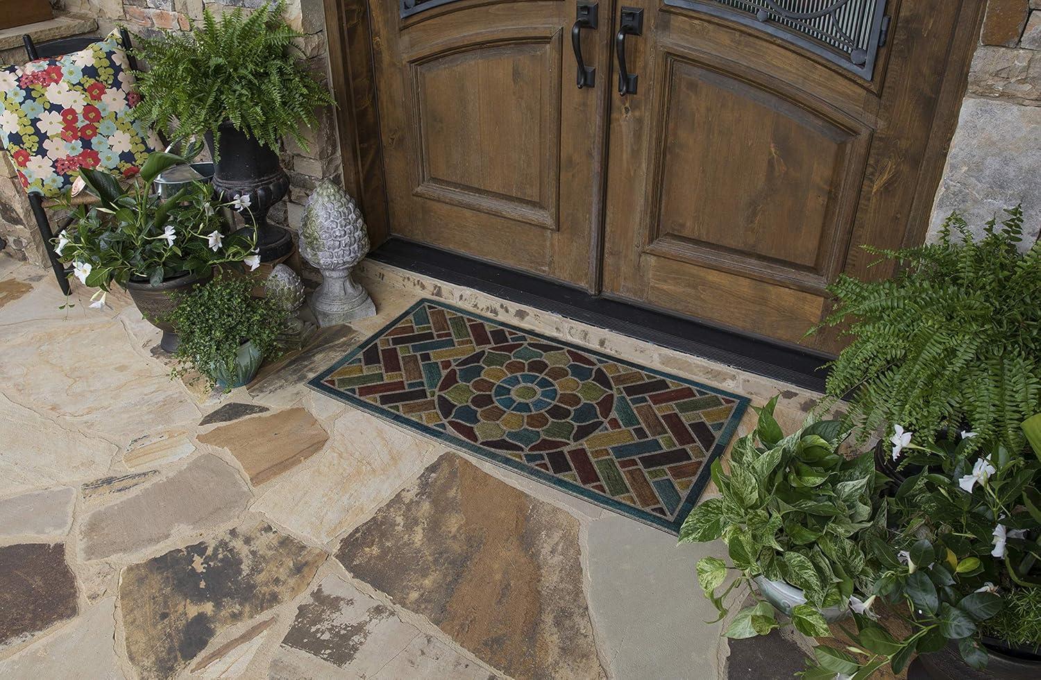 Mohawk Home Entry Recycled Rubber Non- Slip Indoor Outdoor Stoney Medallion Blue & Yellow Oversize Doormat 2' x 4'